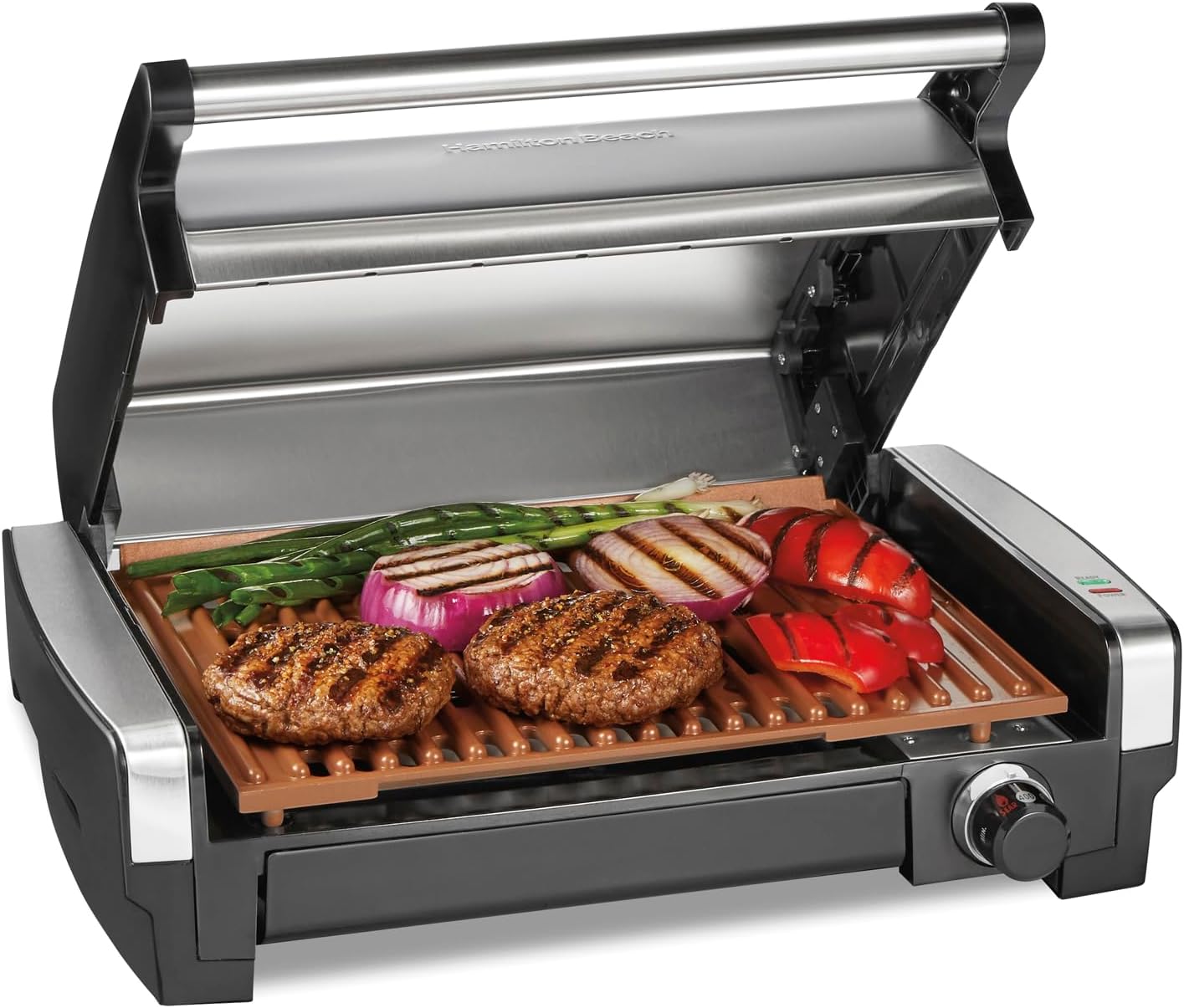 Hamilton Beach Electric Indoor Searing Grill with Viewing Window & Adjustable Temperature Control to 450F, 118 sq. in. Surface Serves 6, Removable Nonstick Grate, Stainless Steel