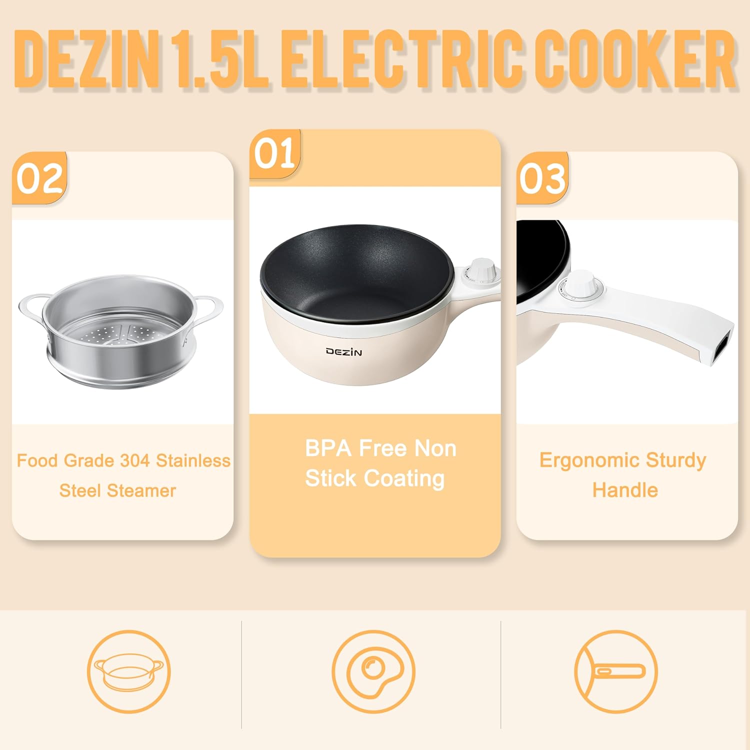 Dezin Hot Pot Electric Upgraded, Non-Stick Sauté Pan, Rapid Noodles Electric Pot, 1.5L Mini Portable Hot Pot for Steak, Egg, Fried Rice, Ramen, Oatmeal, Soup with Power Adjustment(Egg Rack Included)