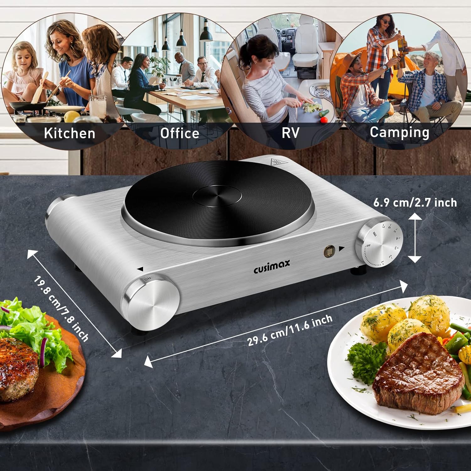 CUSIMAX Electric Hot Plate for Cooking Portable Single Burner 1500W Cast Iron hot plates Heat-up in Seconds Adjustable Temperature Control Stainless Steel Non-Slip Rubber Feet Upgraded Version B101