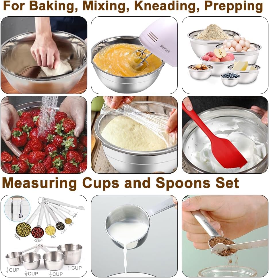 Hand Mixer Electric Mixing Bowls Set, 5 Speeds Handheld Mixer with 4 Nesting Stainless Steel Mixing Bowl, Measuring Cups Spoons 200W Kitchen Blender Whisk Beater Baking Supplies For Beginner