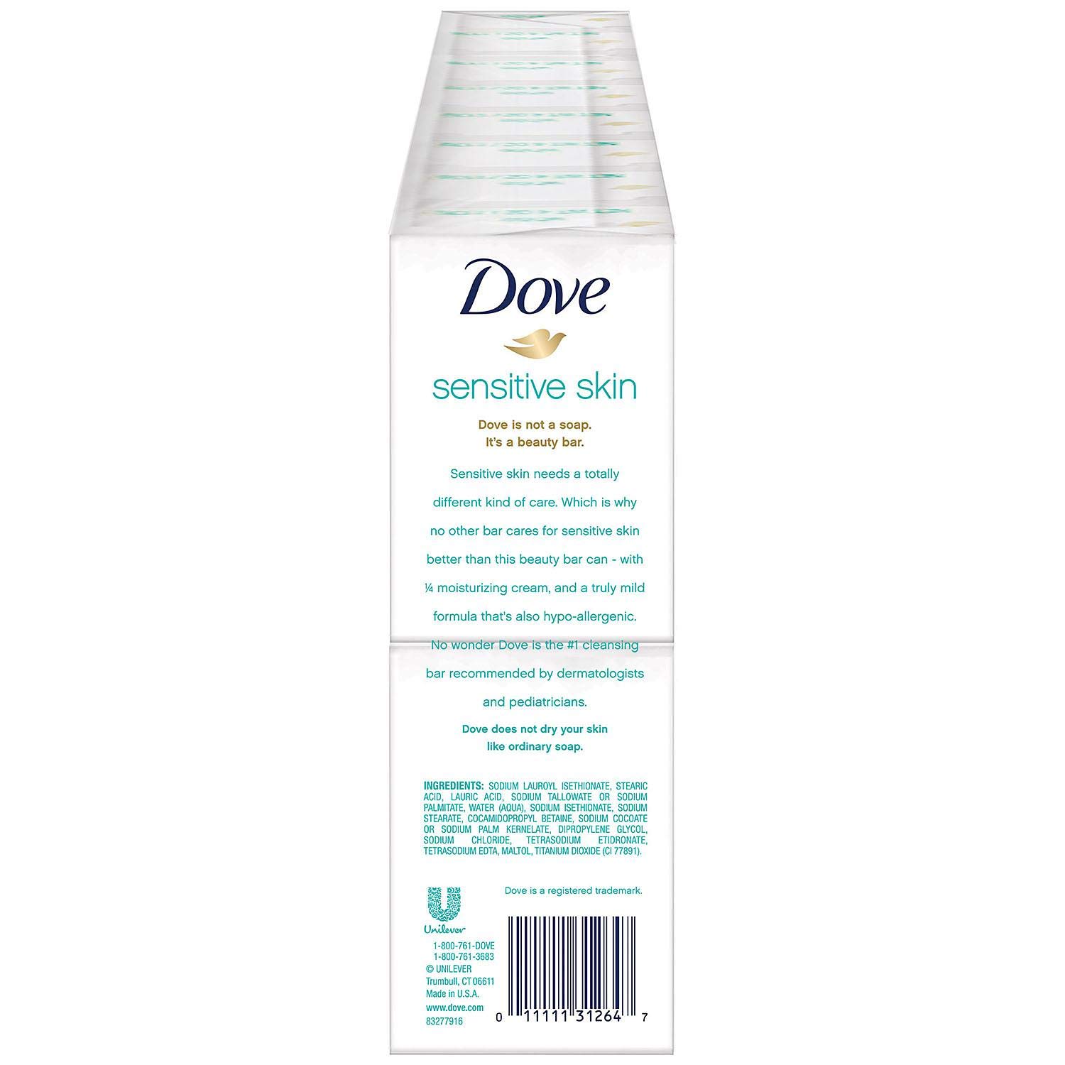 Dove Beauty Bar Soap Sensitive, 8 Bars for Sensitive Skin, Fragrance Free and Hypoallergenic 3.75 oz