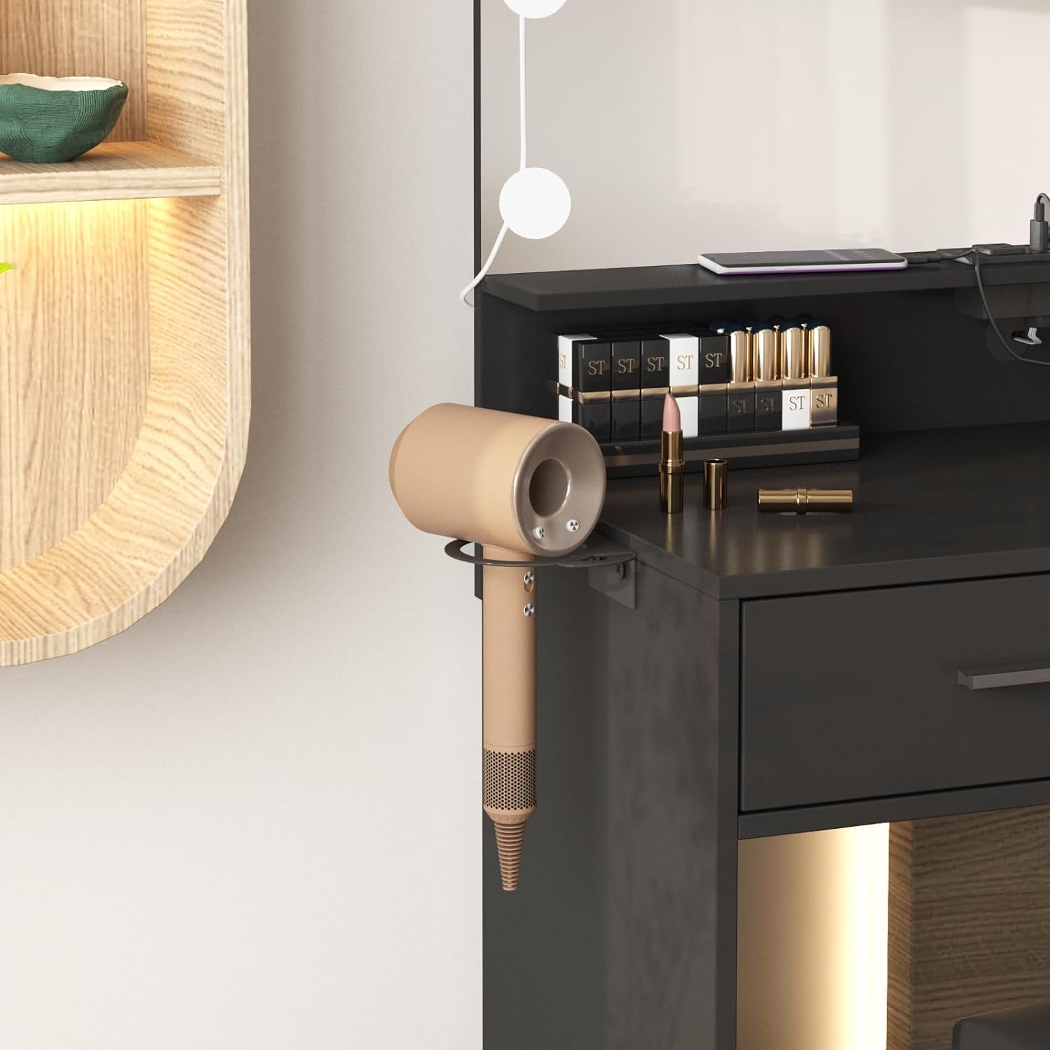 Maupvit Vanity Desk with Mirror and Lights, White Vanity with Bedside Table, 5 Drawers Large Capacity, Metal Silver Handle, Makeup Vanity with 10 Led Lights And Charging Station