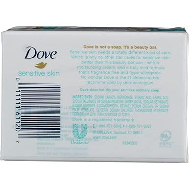 Dove Beauty Bar Soap Sensitive, 8 Bars for Sensitive Skin, Fragrance Free and Hypoallergenic 3.75 oz