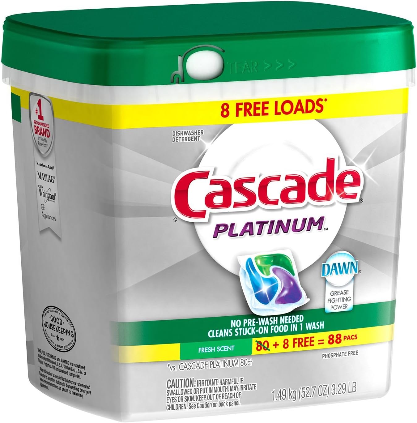 Cascade Platinum Dishwasher Pods, Detergent, Soap Pods, Actionpacs with Dishwasher Cleaner and Deodorizer Action, Fresh, 62 Count