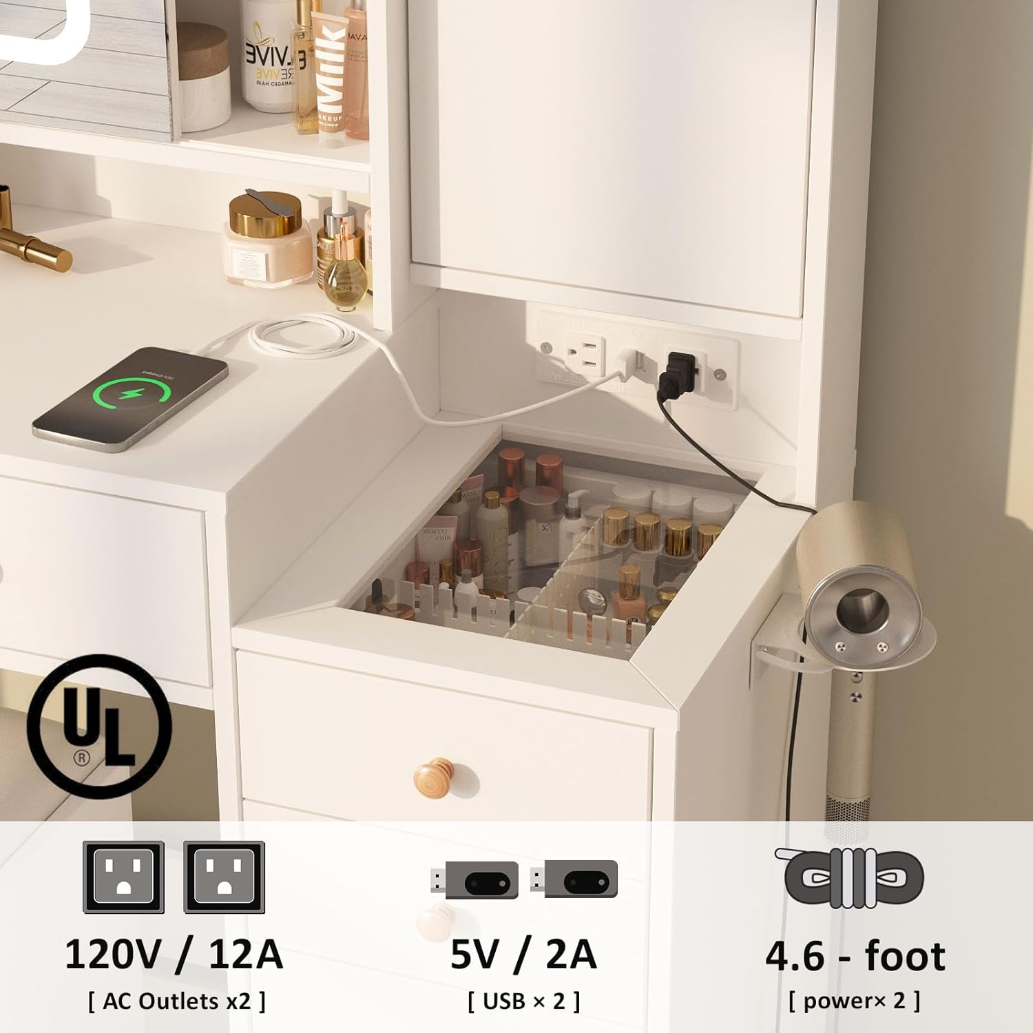 Vanity Desk with Mirror and Lights, Glass Top Vanity Table Makeup Vanity with Lights and Charging Station & Sliding Door, Glass Top Vanity with 3 Drawers and Jewelry Cabinet, 42.8inch