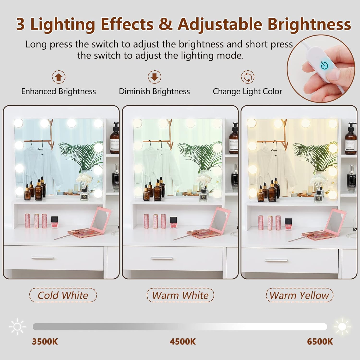 usikey Makeup Vanity Desk , Vanity Mirror with Lights and Table Set with Drawer, Cabinet & 3 Shelves, Makeup Vanity Set with 3 Lighting Modes Brightness Adjustable for Bedroom, White