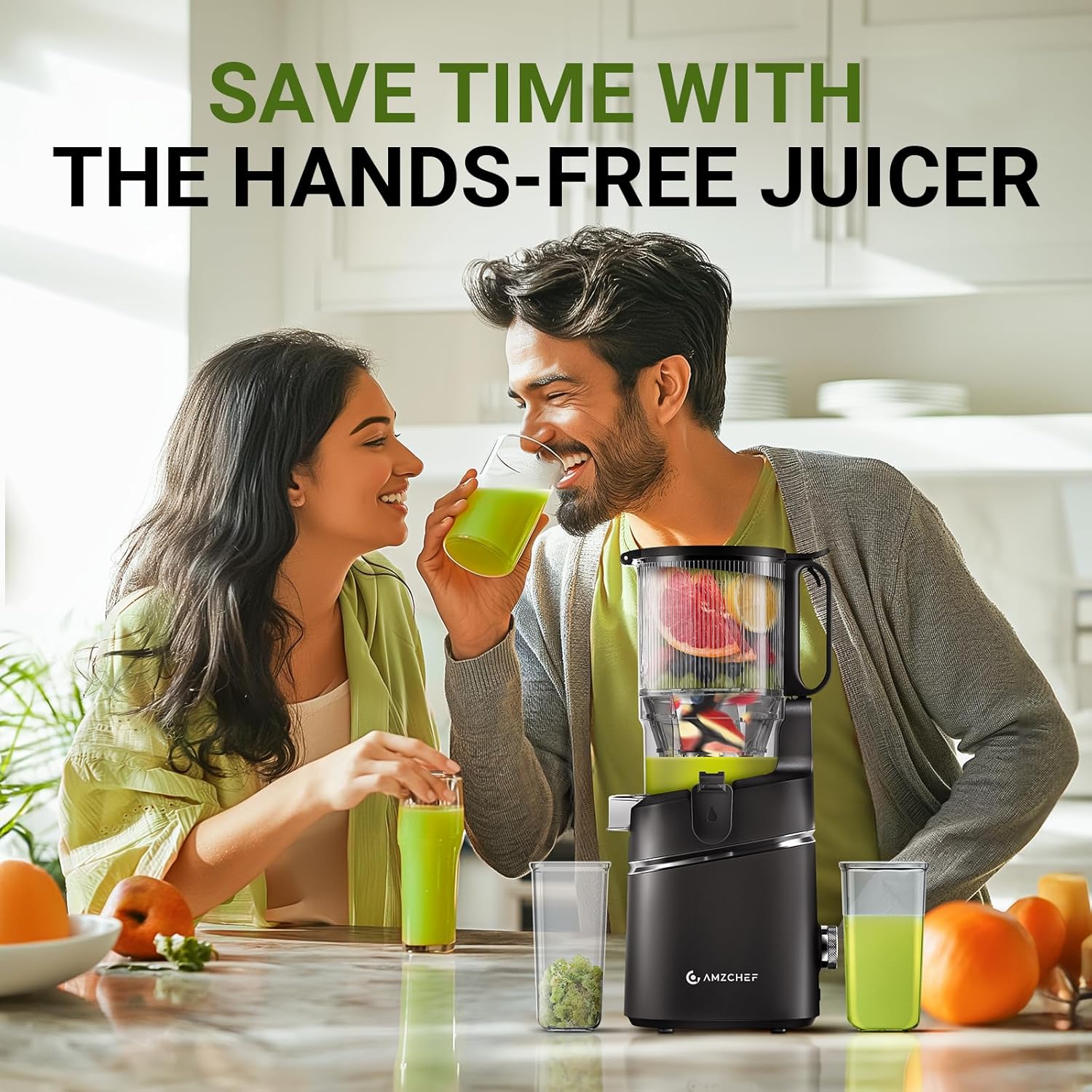 Juicer Machines, AMZCHEF 5.3-Inch Self-Feeding Masticating Juicer Fit Whole Fruits & Vegetables, Cold Press Electric Juicer Machines with High Juice Yield, Easy Cleaning, BPA Free, 250W, Black