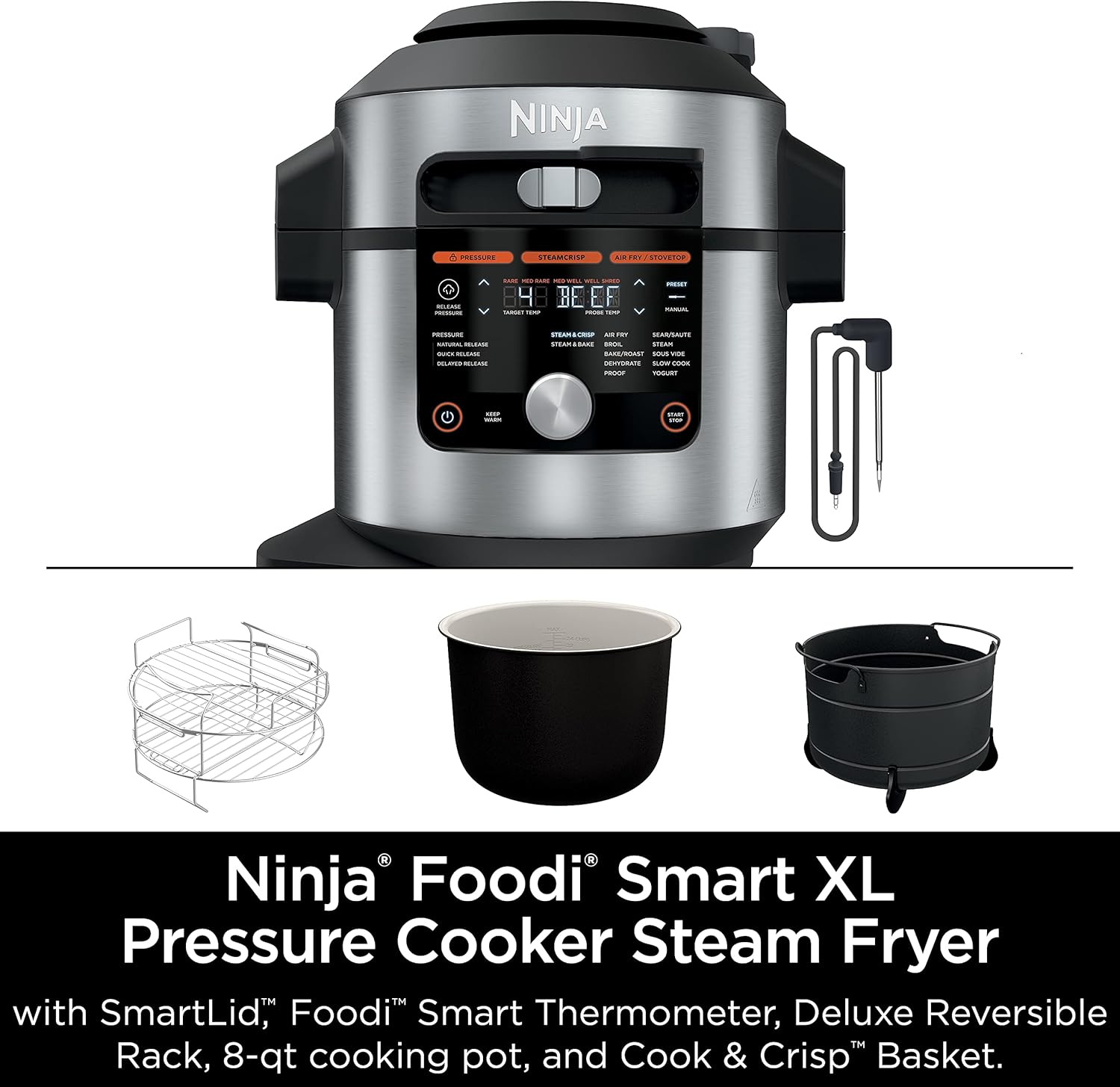 Ninja OL601 Foodi XL 8 Qt. Pressure Cooker Steam Fryer with SmartLid, 14-in-1 that Air Fries, Bakes & More, with 3-Layer Capacity, 5 Qt. Crisp Basket & 45 Recipes, Silver/Black