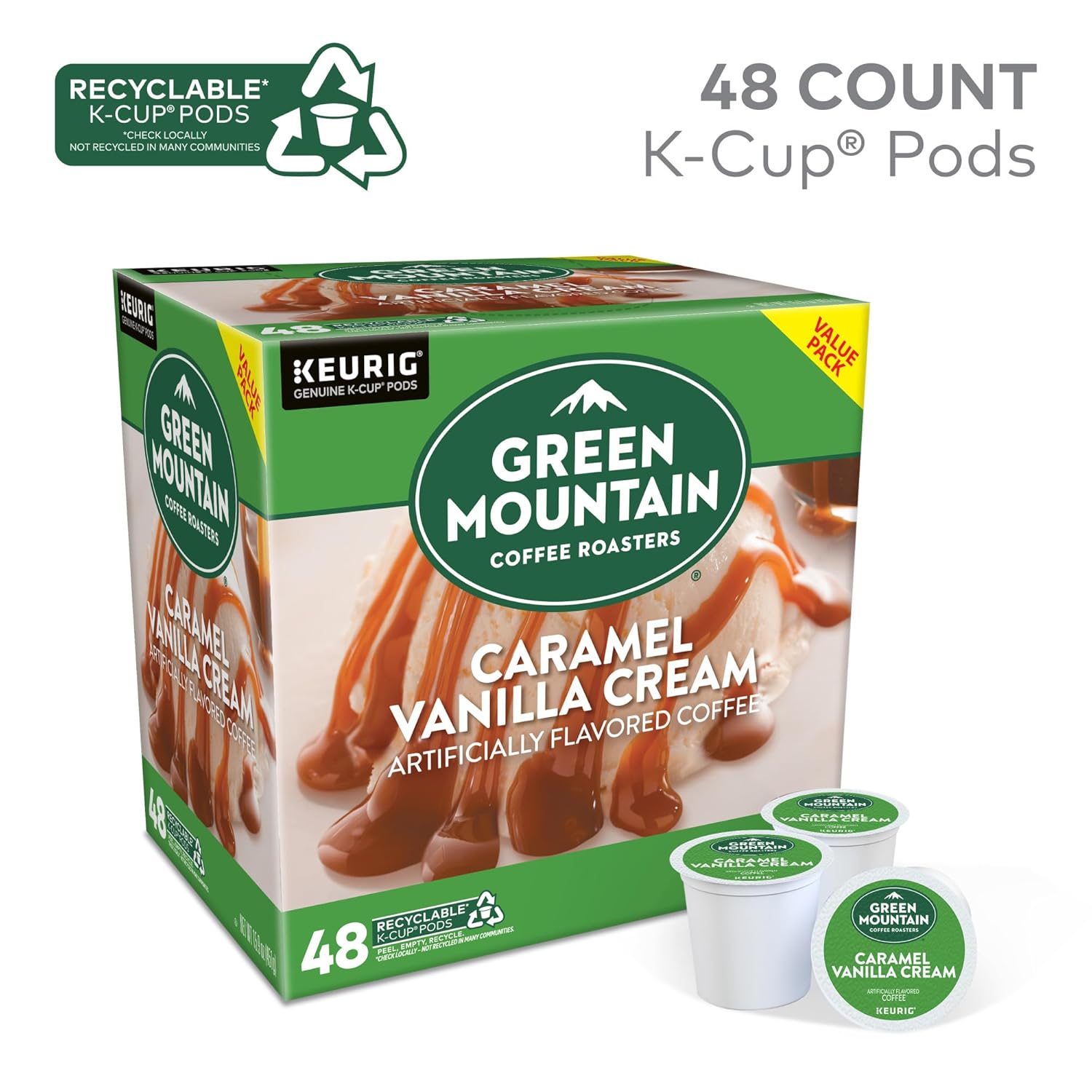 Green Mountain Coffee Roasters Caramel Vanilla Cream Keurig Single-Serve K-Cup pods, Light Roast Coffee, 72 Count (6 Packs of 12)