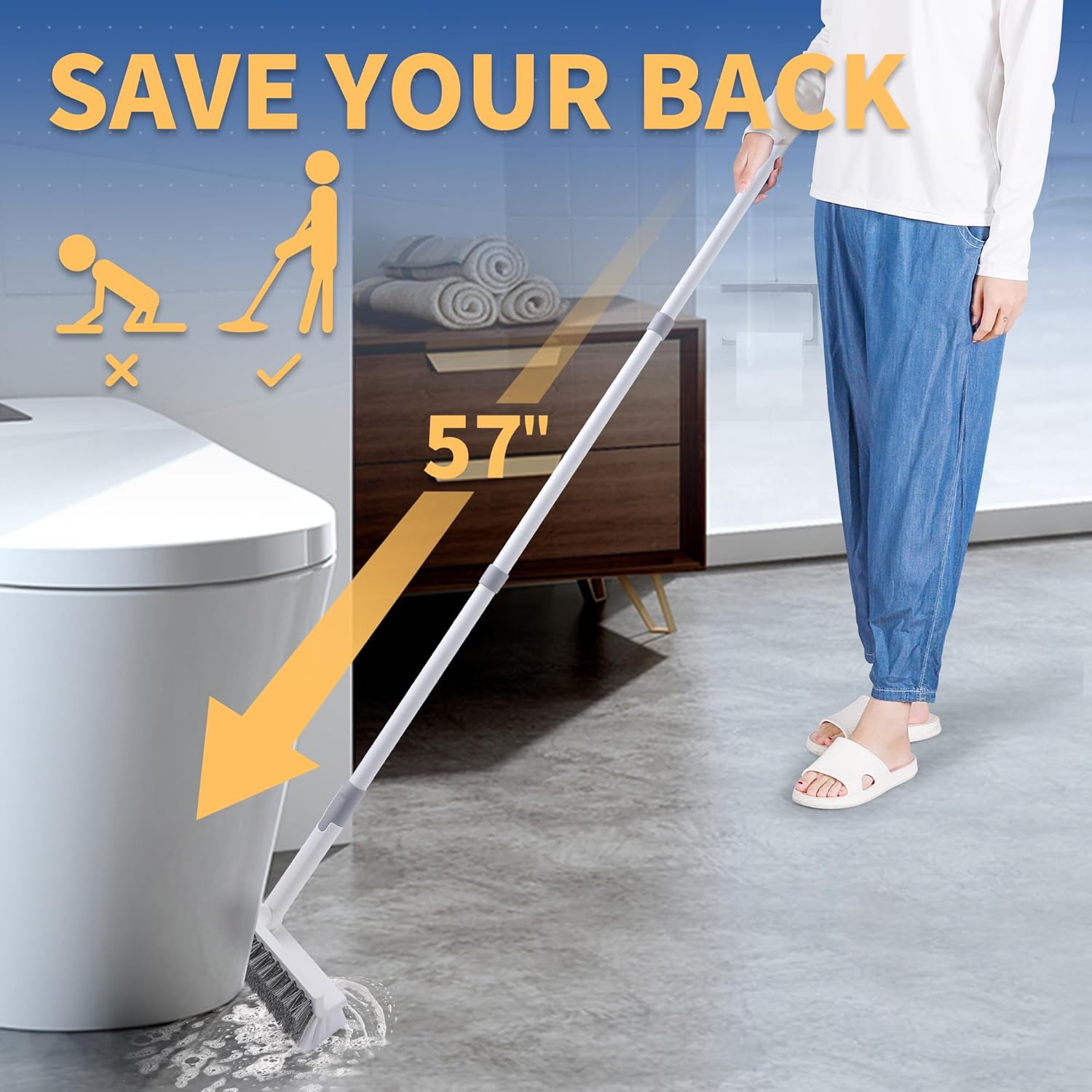 BOOMJOY Floor Scrub Brush with Long Handle, 2 in 1 Scrape and Brush, Stiff Bristles Floor Scrubber, Deck Brush for Cleaning Bathroom, Patio, Garage, Kitchen, Bath, Tile