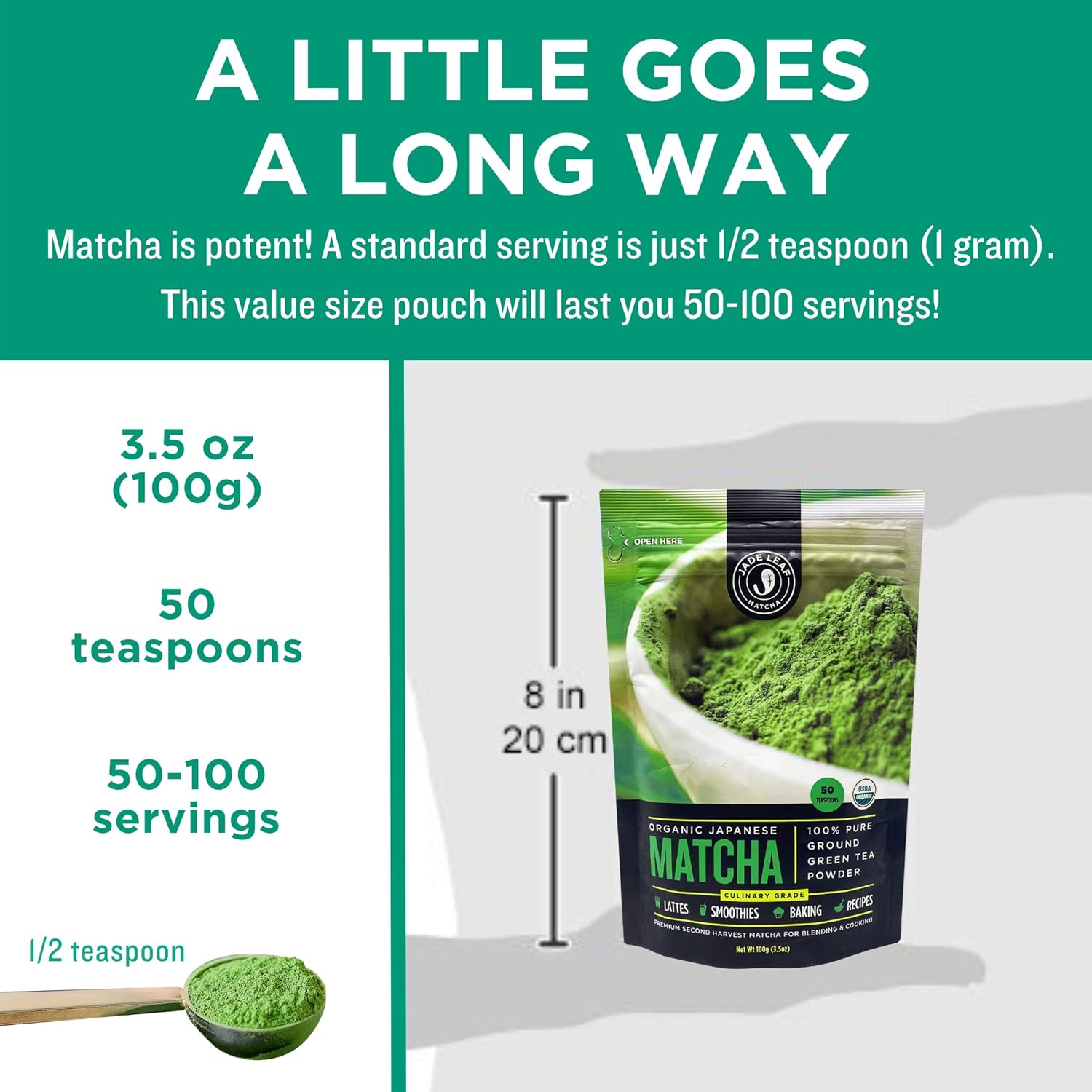 Jade Leaf Matcha Organic Green Tea Powder - Culinary Grade Premium Second Harvest - Authentic Japanese Origin (1.06 Ounce Pouch)
