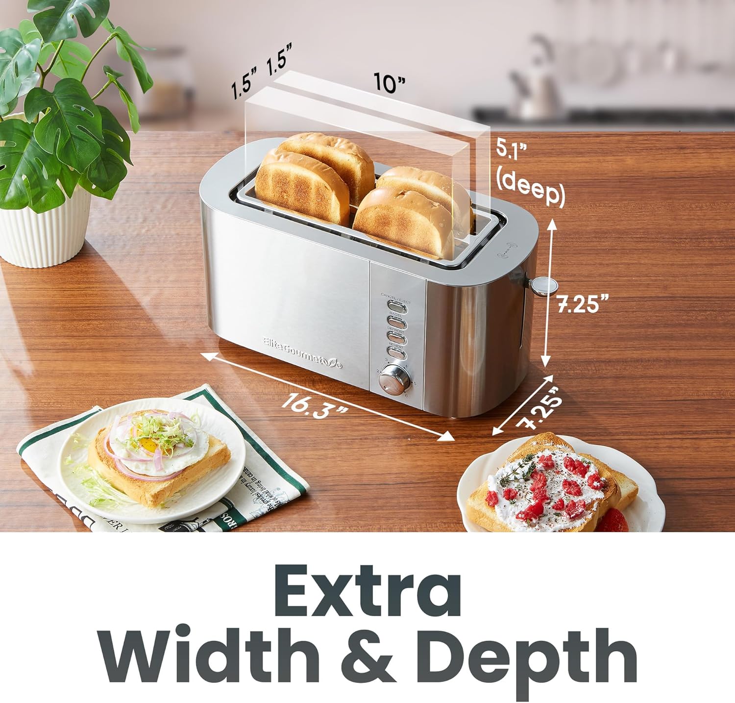 Elite Gourmet ECT-3100 Long Slot 4 Slice Toaster, Reheat, 6 Toast Settings, Defrost, Cancel Functions, Built-in Warming Rack, Extra Wide Slots for Bagels & Waffles, Stainless Steel & Black