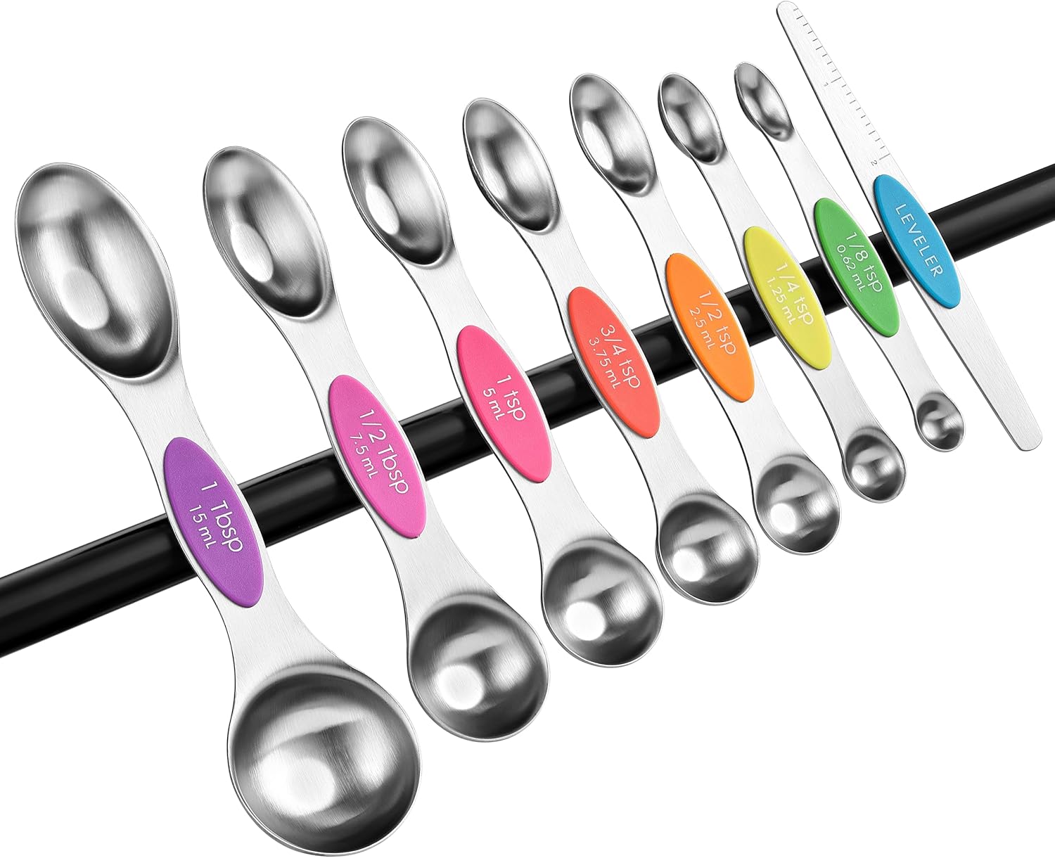 Spring Chef Magnetic Measuring Spoons Set with Strong N45 Magnets, Heavy Duty Stainless Steel Metal, Fits in Most Kitchen Spice Jars for Baking & Cooking, BPA Free, Black, Set of 8 with Leveler
