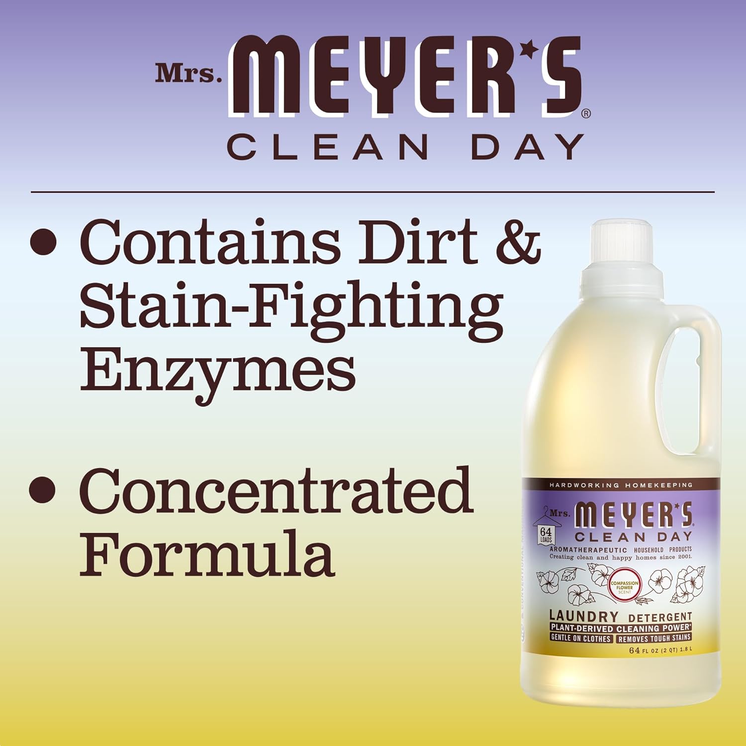 MRS. MEYER'S CLEAN DAY Liquid Laundry Detergent, Biodegradable Formula Infused with Essential Oils, Lavender, 64 oz (64 Loads)