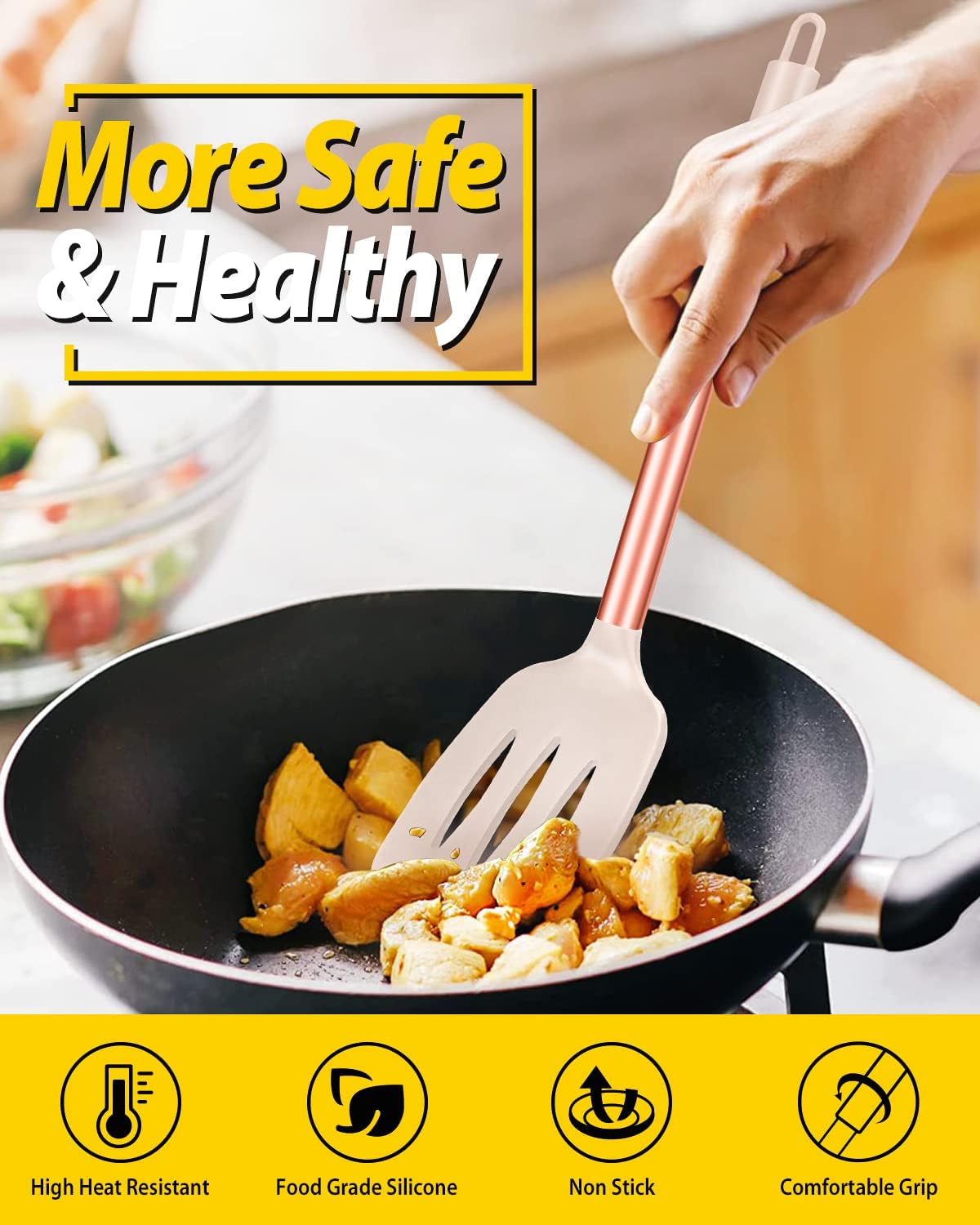 Pack of 2 Silicone Solid Turner,Non Stick Slotted Kitchen Spatulas,High Heat Resistant BPA Free Cooking Utensils,Ideal Cookware for Fish,Eggs,Pancakes (Black)