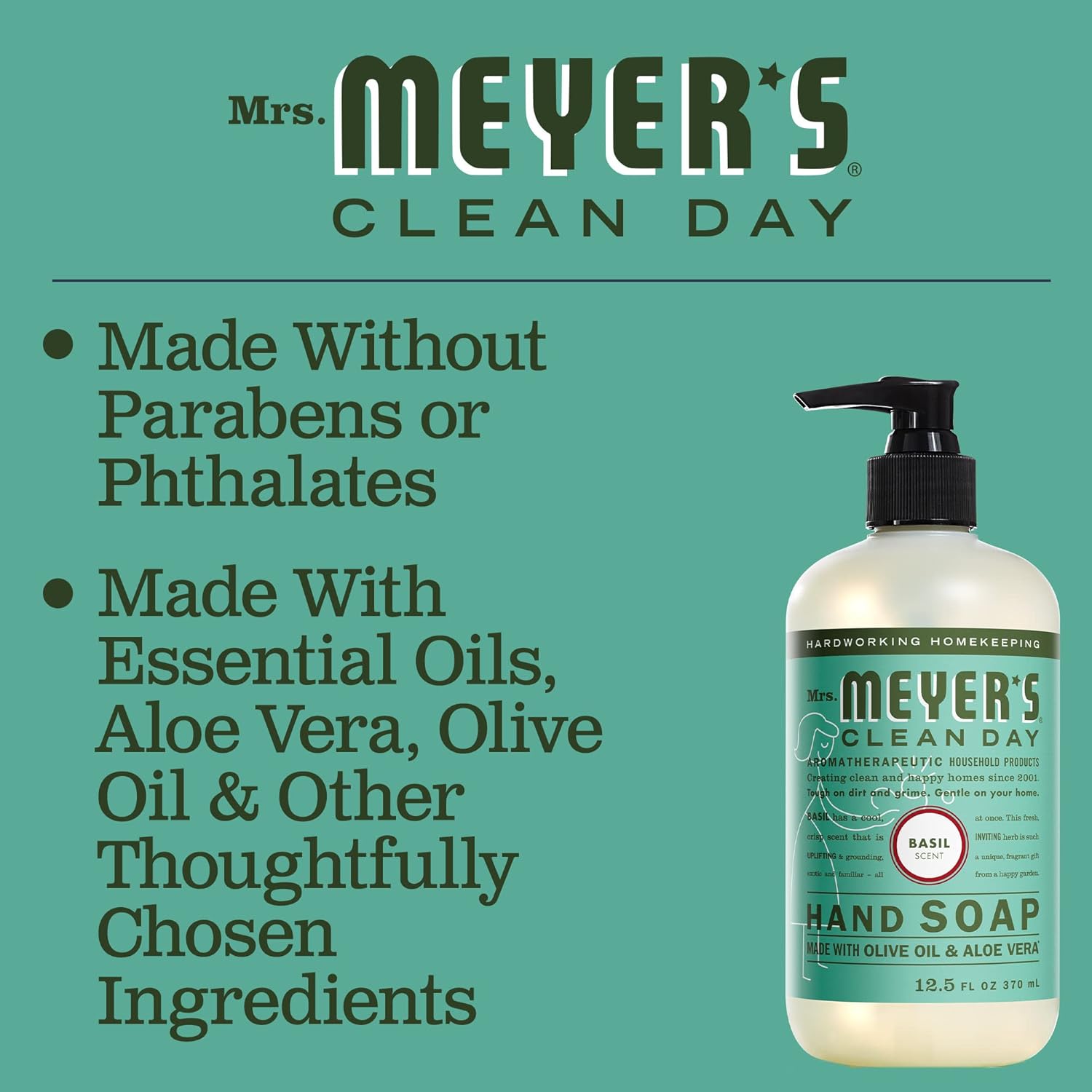 MRS. MEYER'S CLEAN DAY Hand Soap Refill, Made with Essential Oils, Biodegradable Formula, Basil, 33 fl. oz
