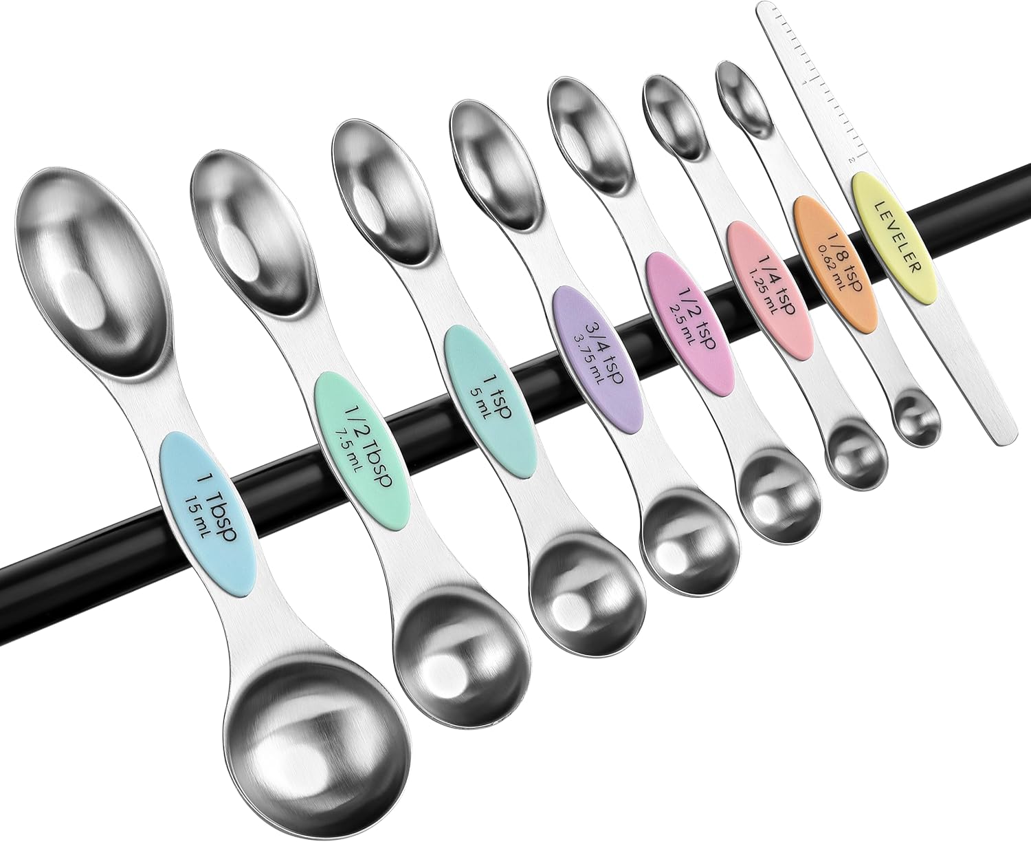 Spring Chef Magnetic Measuring Spoons Set with Strong N45 Magnets, Heavy Duty Stainless Steel Metal, Fits in Most Kitchen Spice Jars for Baking & Cooking, BPA Free, Black, Set of 8 with Leveler
