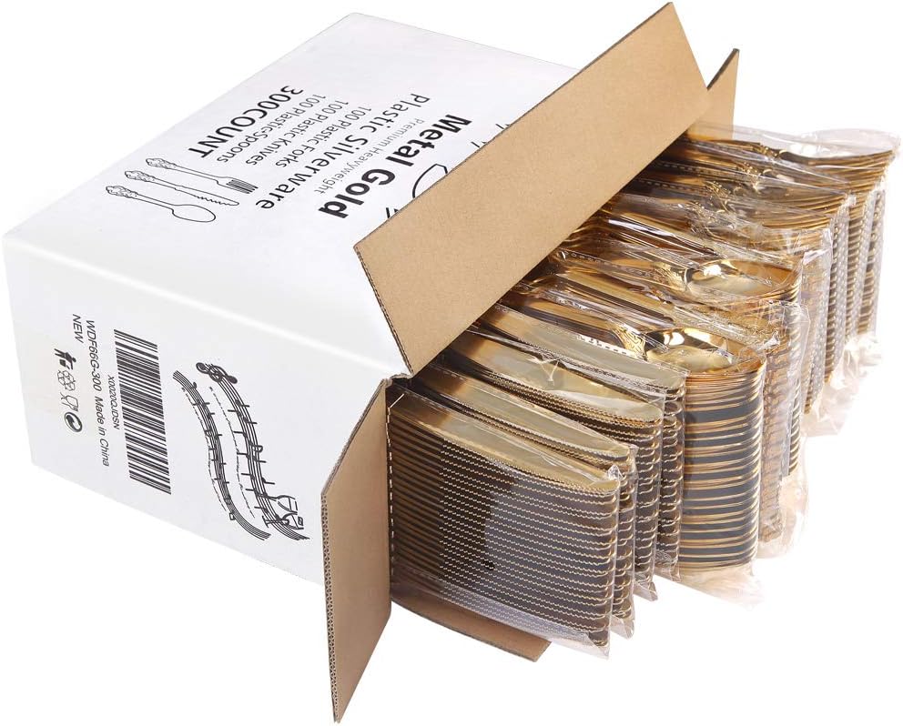 WDF300 Pieces Gold Plastic Silverware - Heavy Duty Disposable Gold Cutlery Set Plastic Gold Silverware Set Plastic Includes 100 Forks, 100 Spoons, 100 Knives