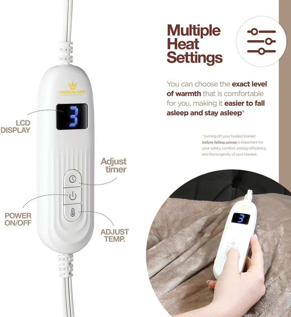 Medical king Heated Blanket, Machine Washable Extremely Soft & Comfortable Electric Blanket Throw Fast Heating with Hand Controller 10 Heating Settings & auto Shut-Off (Gray, 50 x 60)