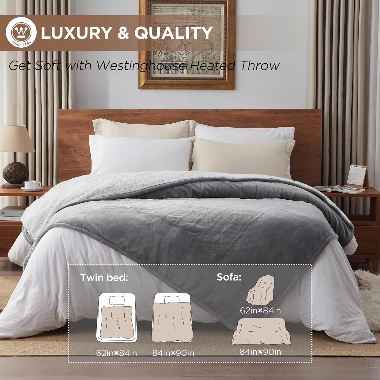 Westinghouse Heated Throw Blanket, Soft Flannel to Sherpa Electric Throw with 6 Heating Levels, 2-10 Hours Time Settings, Fast Heating, Machine Washable 50x60 Inch, Charcoal
