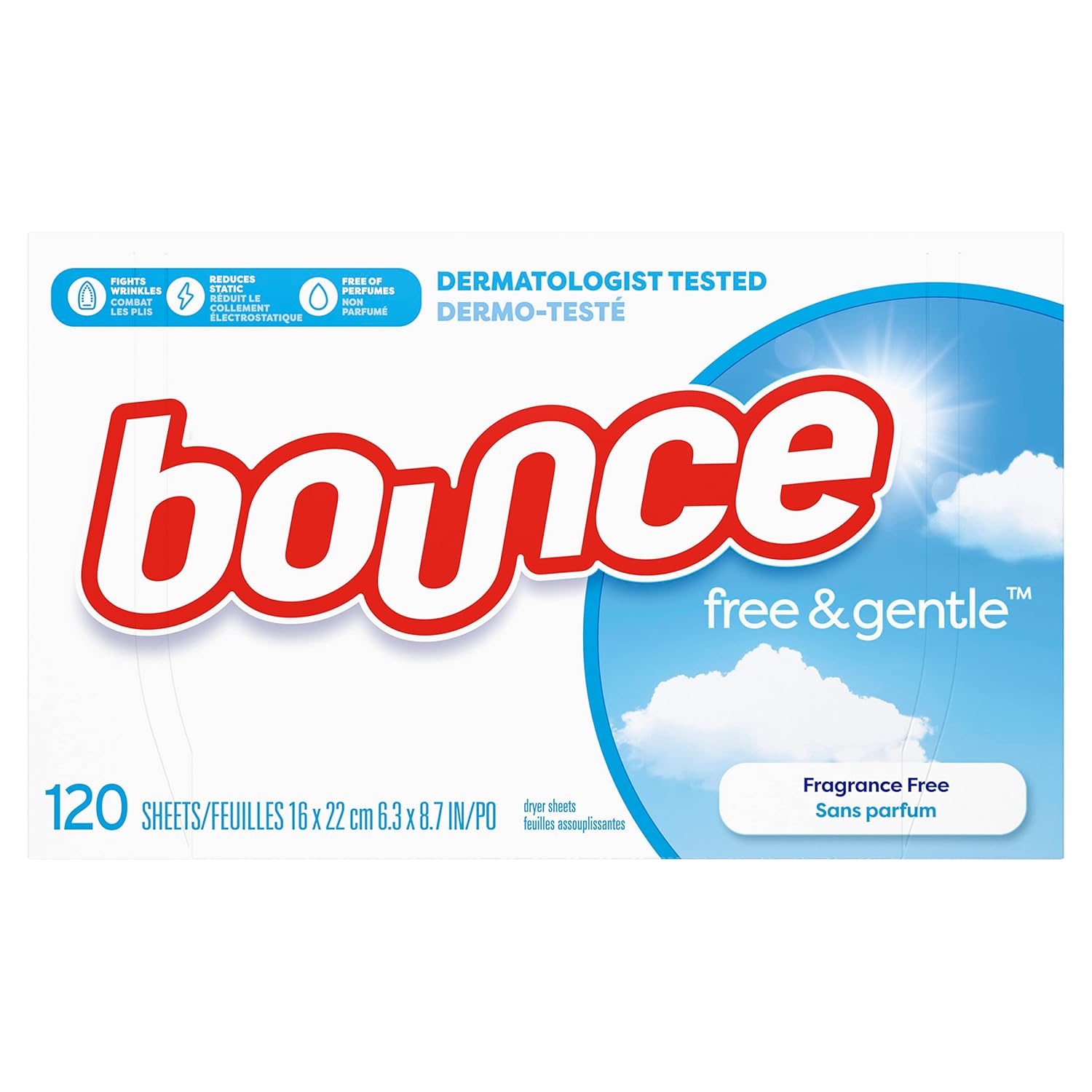 Bounce Free & Gentle Dryer Sheets, 240 Sheets, Unscented Fabric Softener Sheets, Hypoallergenic and Dermatologist Tested