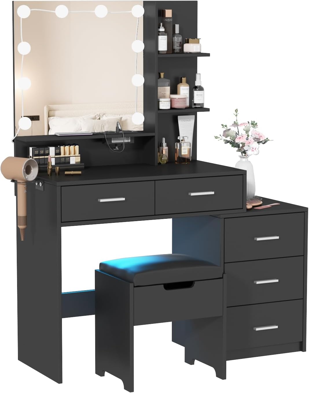 Maupvit Vanity Desk with Mirror and Lights, White Vanity with Bedside Table, 5 Drawers Large Capacity, Metal Silver Handle, Makeup Vanity with 10 Led Lights And Charging Station