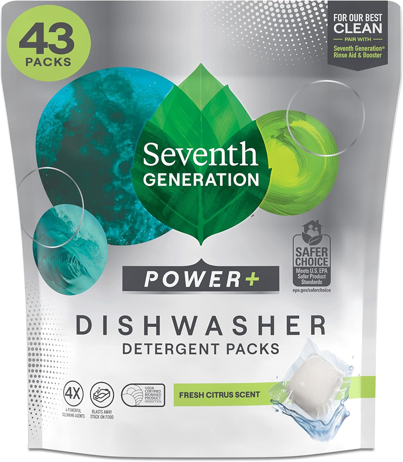 Seventh Generation Power+ Dishwasher Detergent Packs Fresh Citrus scent 1 for sparkling dishes Dishwasher tabs 70 count