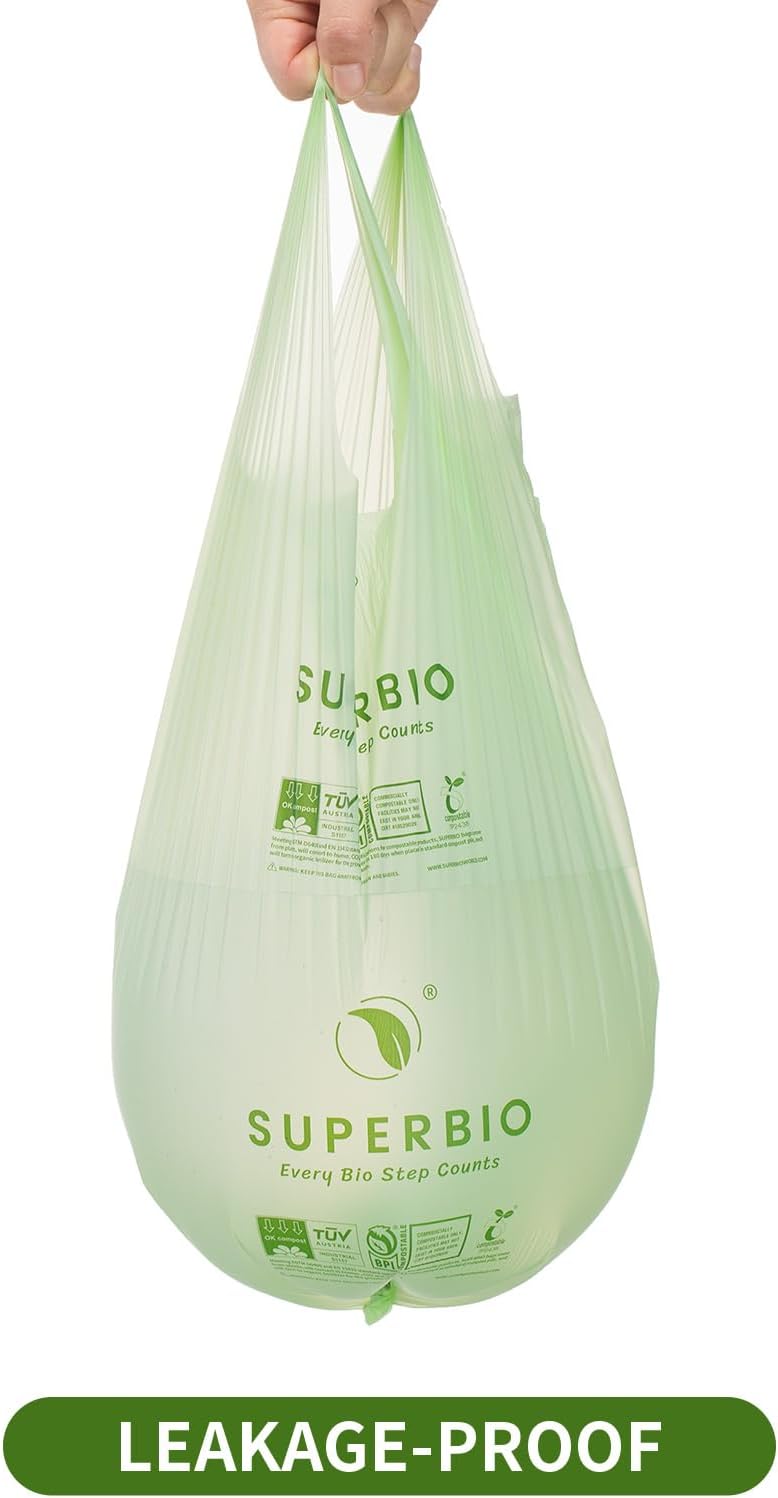 SUPERBIO 1.6 Gallon Handle Tie Compostable Food Scrap Bags For Counter Top Compost Bin, Small Compost Bags, 50 Count, 6 Liter, BPI & OK compost INDUSTRIAL Certified