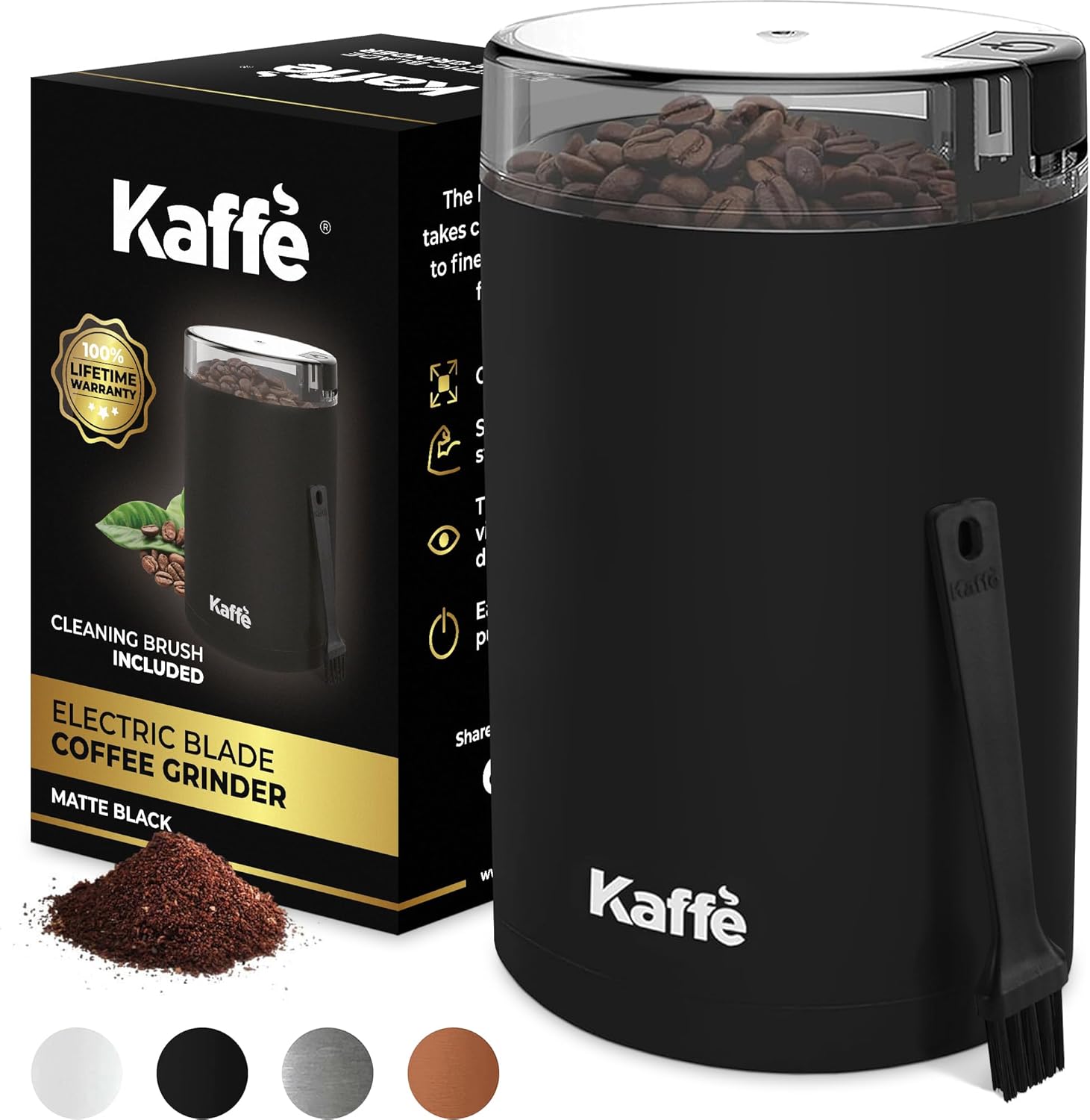 Kaffe One-Touch Coffee Grinder Electric w/Cleaning Brush (3 oz) - Coffee Grinders for Home Use - Up to 12 Cups of Coffee per Grind - Easy On/Off Coffee Bean Grinder - Black