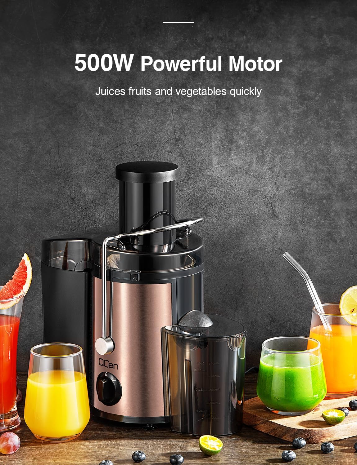 Qcen Juicer Machine, 800W Centrifugal Juicer Extractor with Wide Mouth 3” Feed Chute for Fruit Vegetable, Easy to Clean, Stainless Steel, BPA-free (Black)