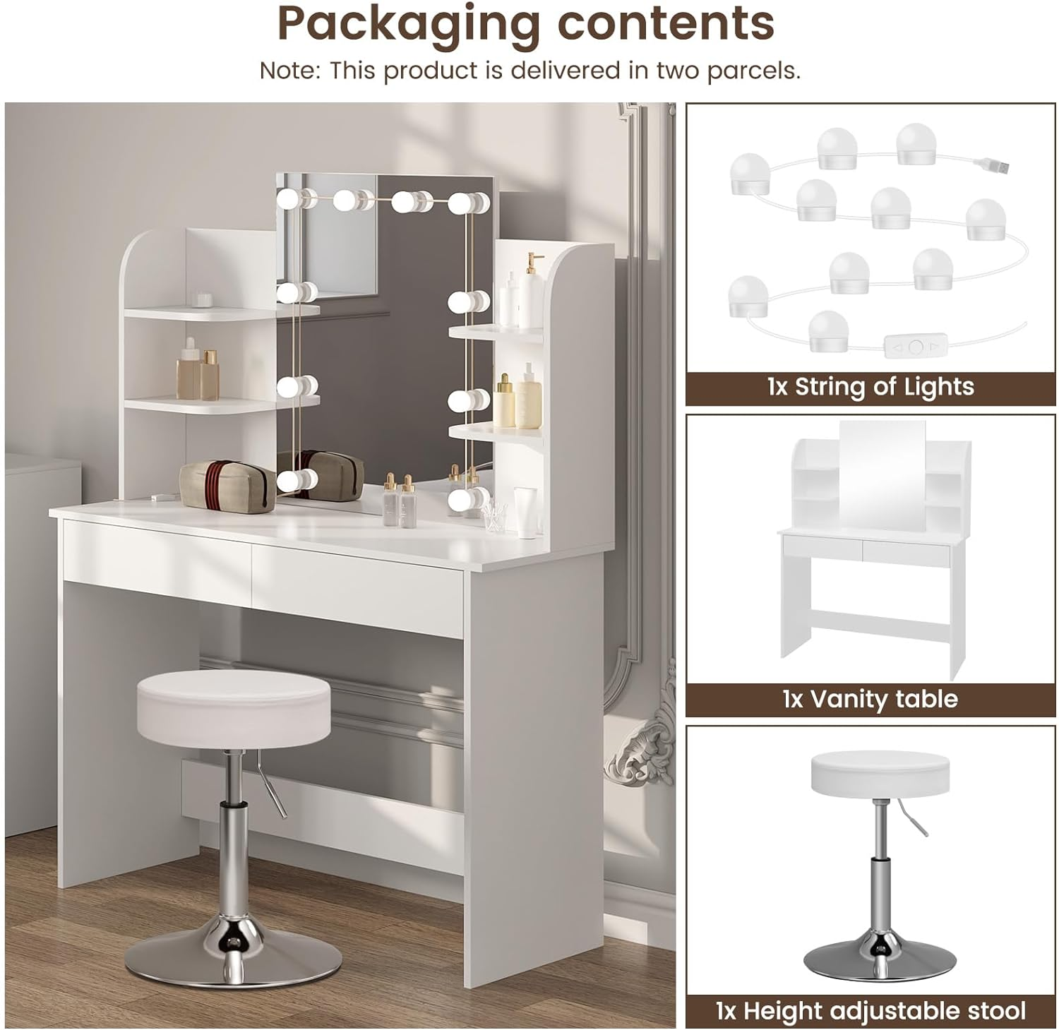 WOLTU MB6106ws Dressing Table with LED Lighting and Stool, Dressing Table with 2 Drawers, 4 Shelves, 108 x 40 x 142 cm, Height-Adjustable Chair, Wooden Cosmetic Table, White