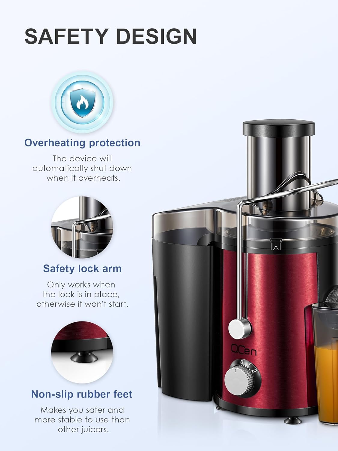 Qcen Juicer Machine, 800W Centrifugal Juicer Extractor with Wide Mouth 3” Feed Chute for Fruit Vegetable, Easy to Clean, Stainless Steel, BPA-free (Black)