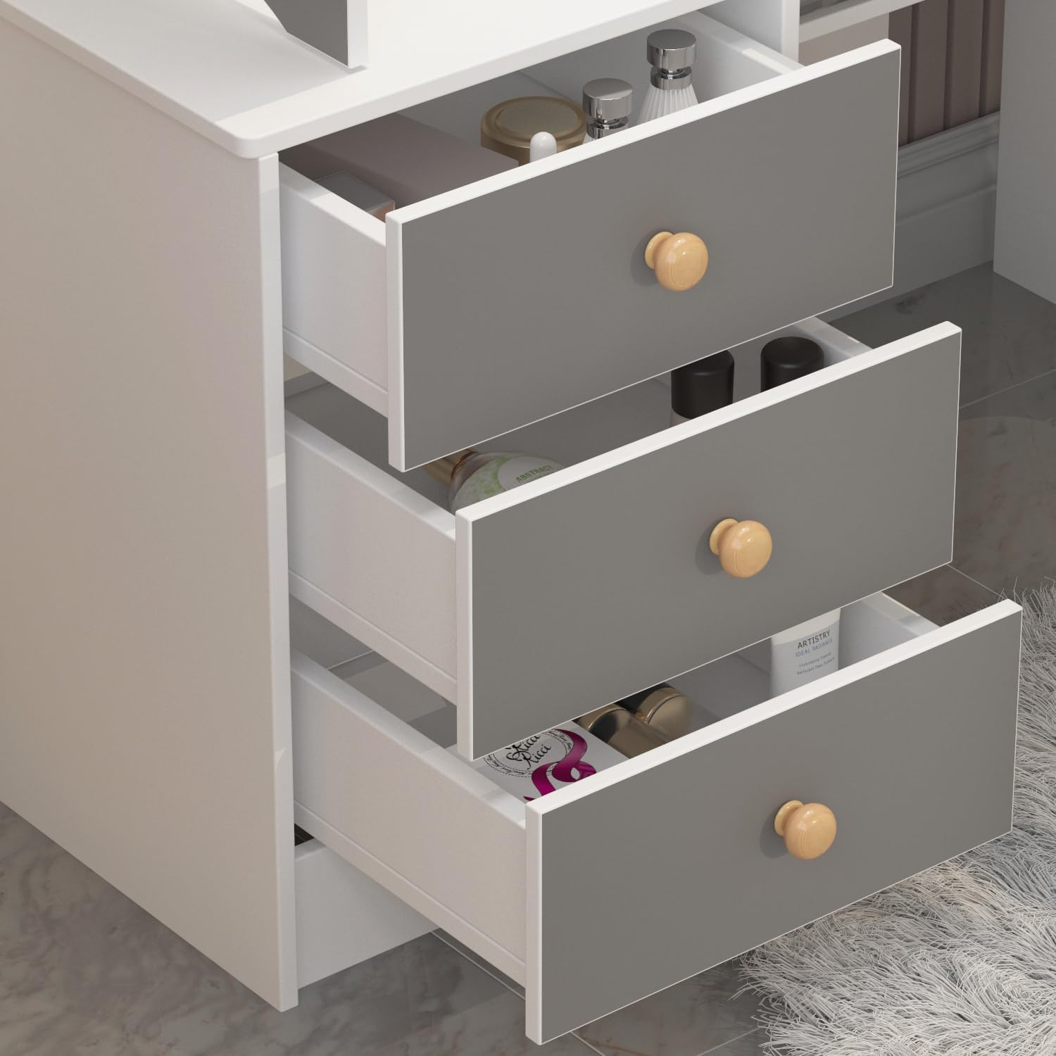 PREMTURE Dressing Table with LED Lighting, Cosmetic Table with Open Shelf and 4 Drawers, Dressing Table with Stool, Dressing Tables, Large Storage Space, MDF, 90 W x 40 D x 135 H cm