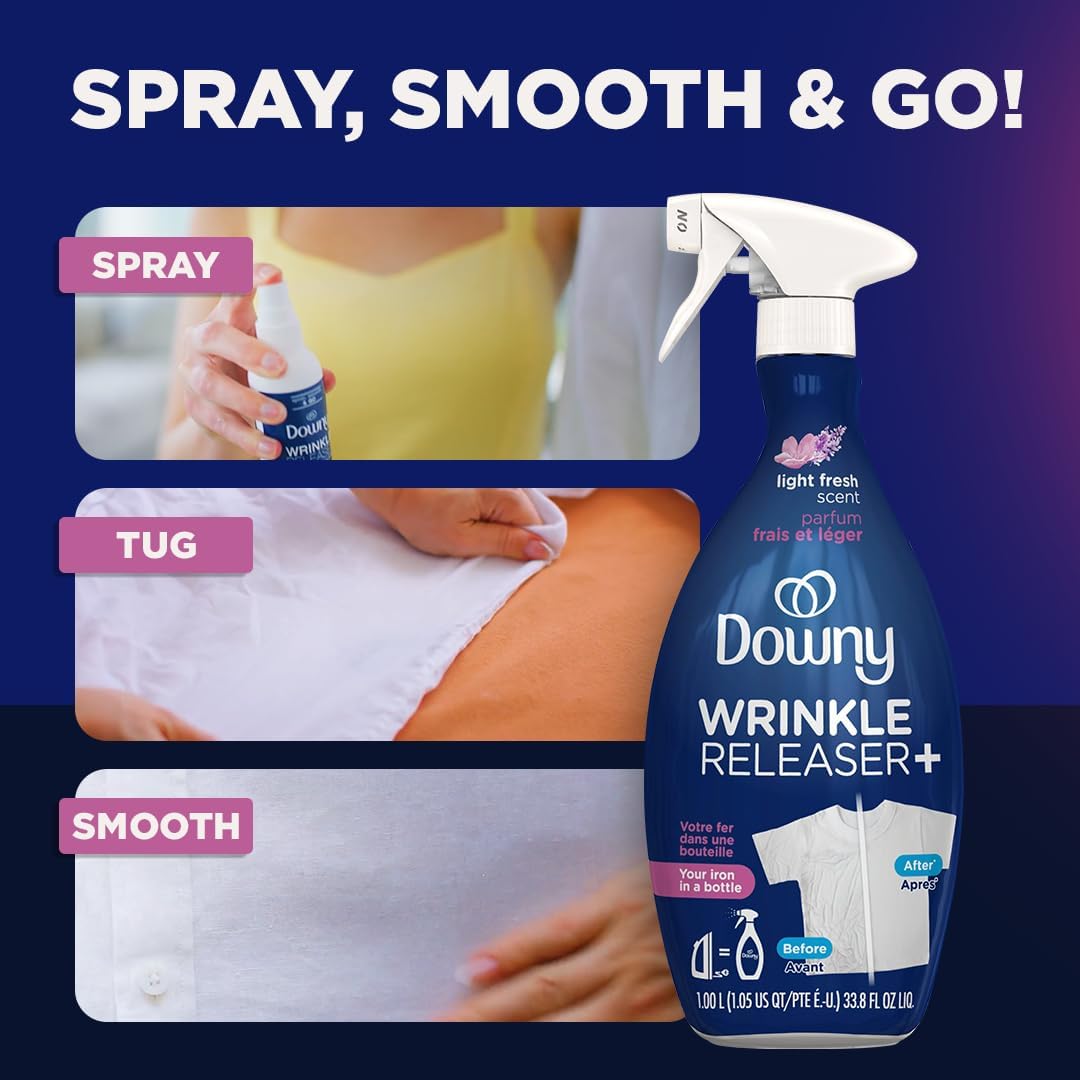 Downy Wrinkle Releaser Spray, All In One Wrinkle Release Spray, Odor Eliminator, Static Remover, Fabric Refresher & Ironing Aid for Clothes, 33.8 Fl Oz (Pack of 2), Light Fresh Scent