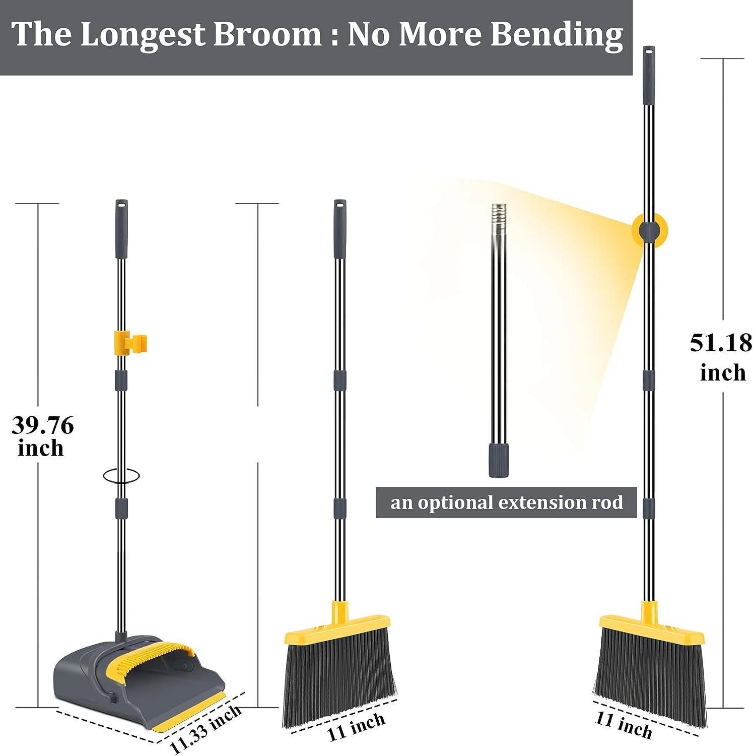 kelamayi Upgrade Stand Up Broom and Dustpan Set, Self-Cleaning with Dustpan Teeth, Ideal for Dog Cat Pets Home Use, Super Long Handle (Gray&Orange)