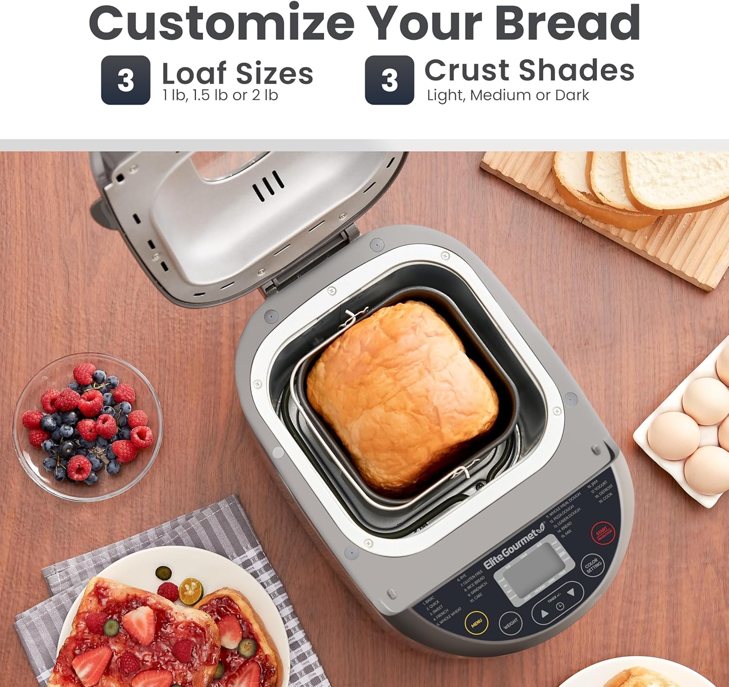 Elite Gourmet EBM8103B Programmable Bread Maker Machine 3 Loaf Sizes, 19 Menu Functions Gluten Free White Wheat Rye French and more, 2 Lbs, Black