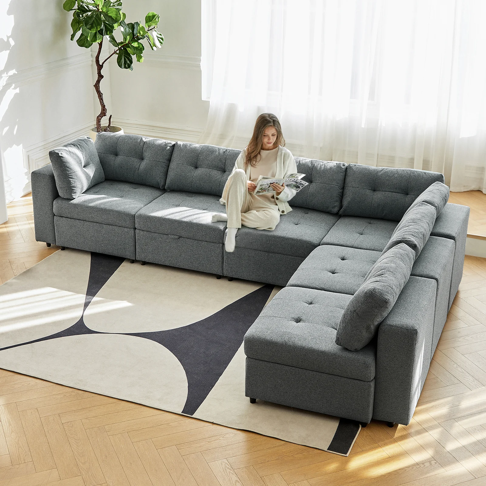 Raquel Sectional Six-Seat Storage Full Armrests Sofa