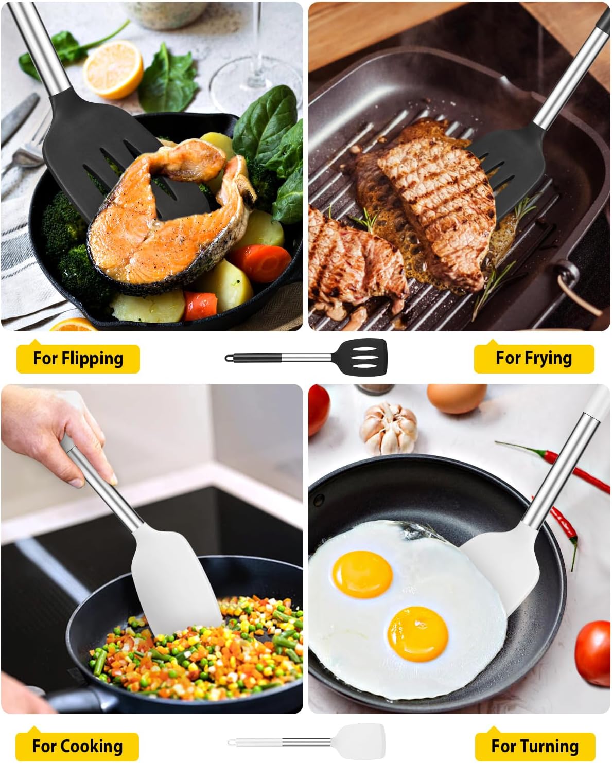 Pack of 2 Silicone Solid Turner,Non Stick Slotted Kitchen Spatulas,High Heat Resistant BPA Free Cooking Utensils,Ideal Cookware for Fish,Eggs,Pancakes (Black)