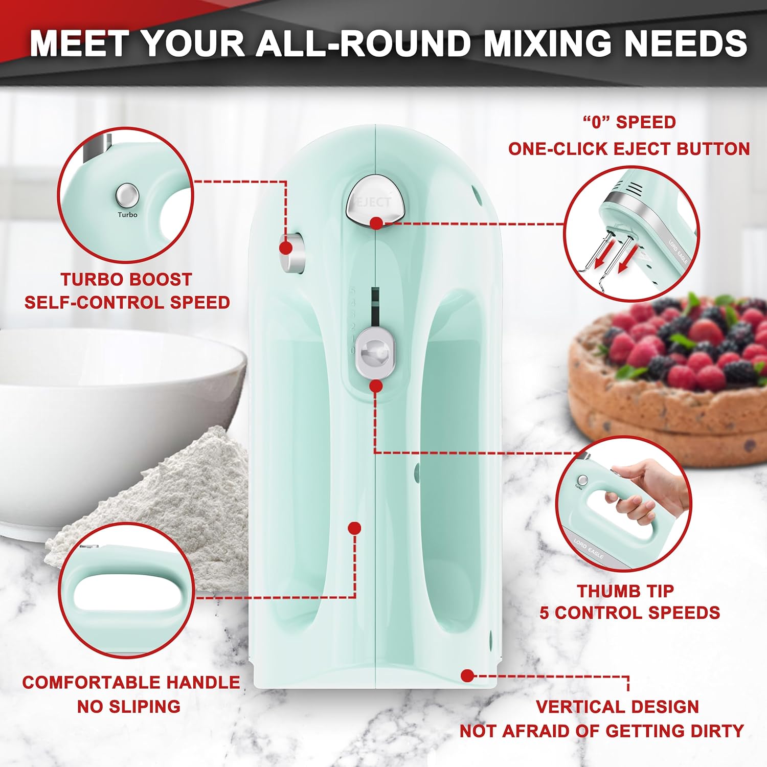 Lord Eagle Hand Mixer Electric, 400W Power handheld Mixer for Baking Cake Egg Cream Food Beater, Turbo Boost/Self-Control Speed + 5 Speed + Eject Button + 5 Stainless Steel Accessories (White)