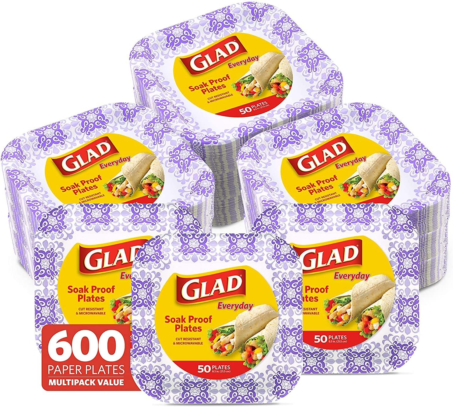 Glad Square Disposable Paper Plates for All Occasions | Soak Proof, Cut Proof, Microwaveable Heavy Duty Disposable Plates | 8.5