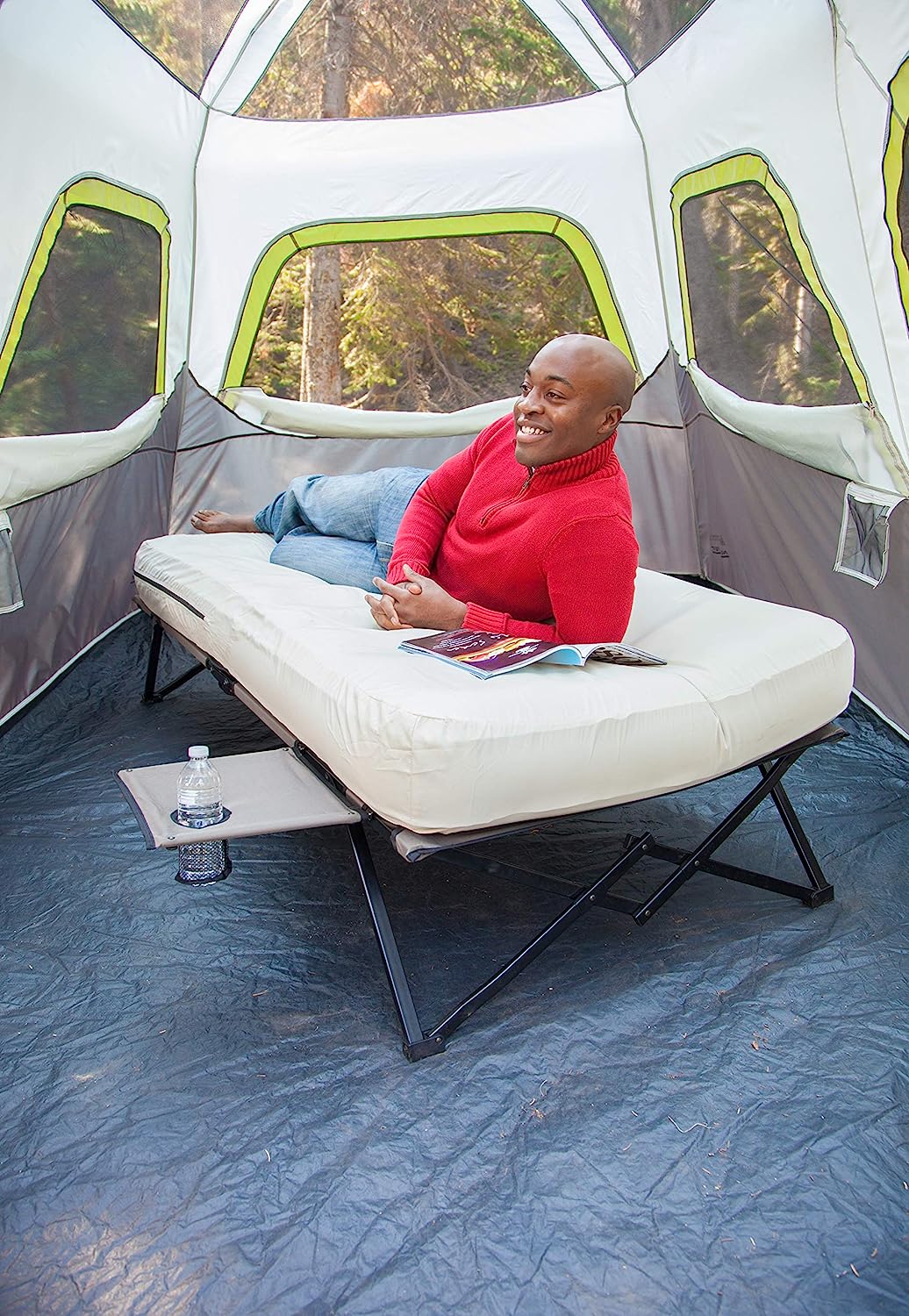 Coleman Camping Cot, Air Mattress, and Pump Combo, Folding Camp Cot and Air Bed with Side Table and Battery Operated Pump