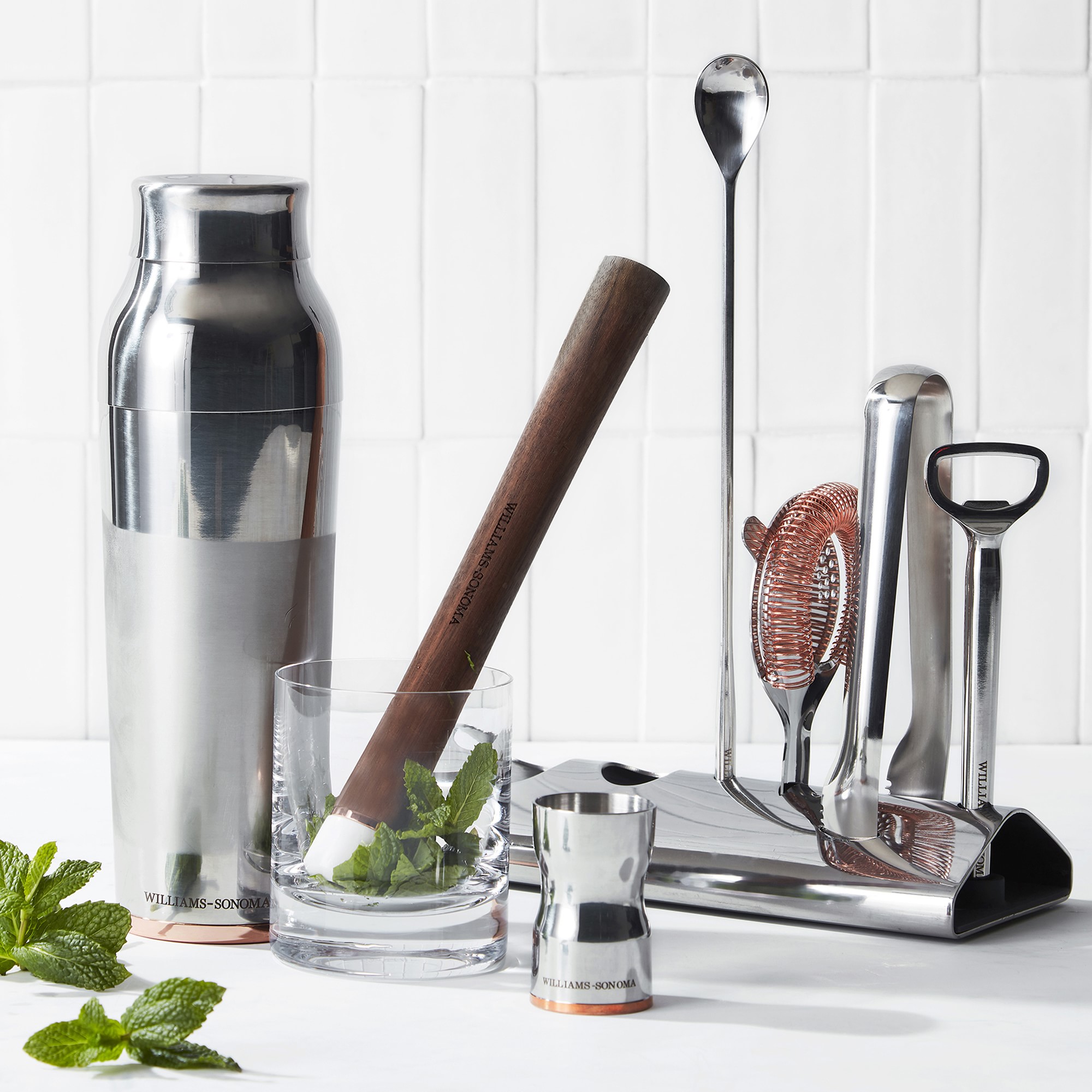 Williams Sonoma Signature Bar Tools with Stand & Cocktail Shaker, Set of 8