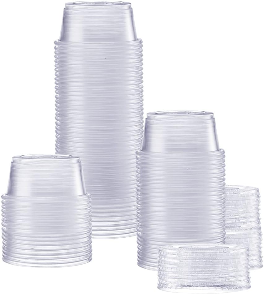 Comfy Package [2 oz. - 100 Count Clear Disposable Plastic Portion Cups with Lids - Soufflé Cups, Jello Shot Cups With Lids, Clear Plastic Containers Perfect for salad Dressing and More