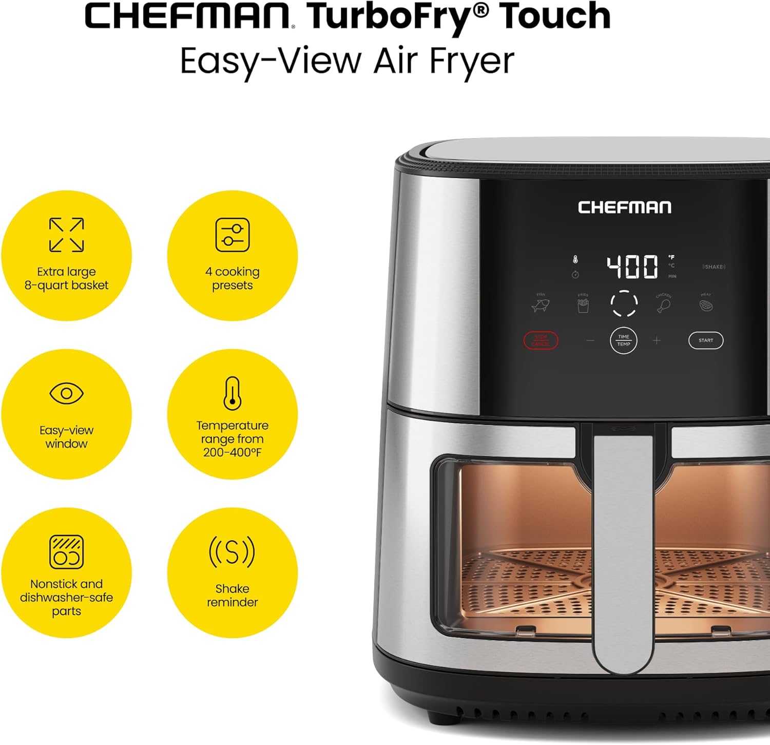 Chefman TurboFry® Touch Air Fryer, XL 8-Qt Family Size, One-Touch Digital Control Presets, French Fries, Chicken, Meat, Fish, Nonstick Dishwasher-Safe Parts, Automatic Shutoff, Stainless Steel