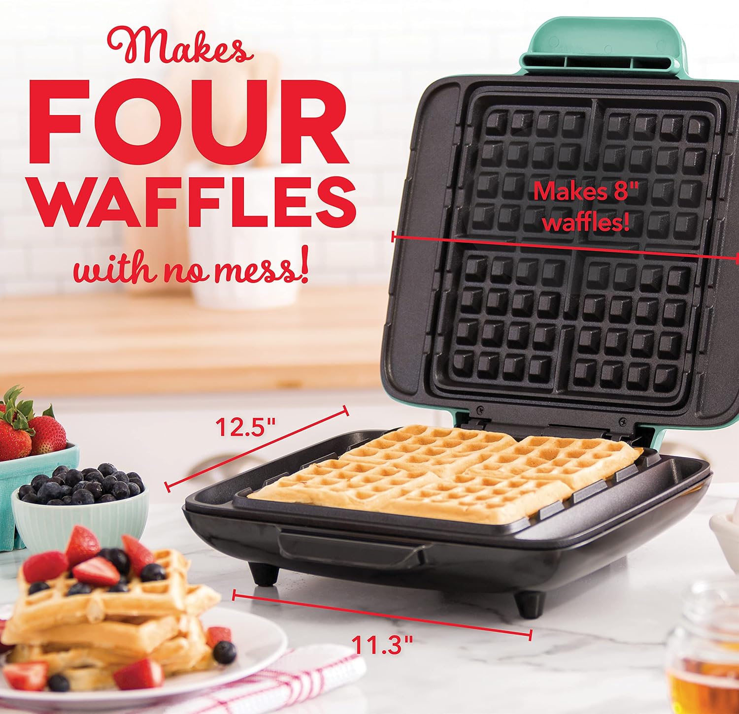 DASH No-Drip Waffle Maker - Four Waffle Molds, Nonstick Waffle Iron with Quick Heat-Up, Nonstick Surface - Perfect Waffle Maker for Kids and Families, Just Add Batter
