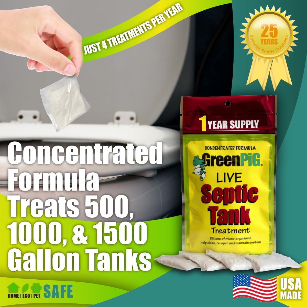 Green Pig 52 Live Septic Tank Treatment Ultimate Solution in Preventing Expensive Backups, Clogs, or Drain Field Failures with 4-Easy Drop-in and Flush, 1-Year Supply- 4 Packets, 4 Count