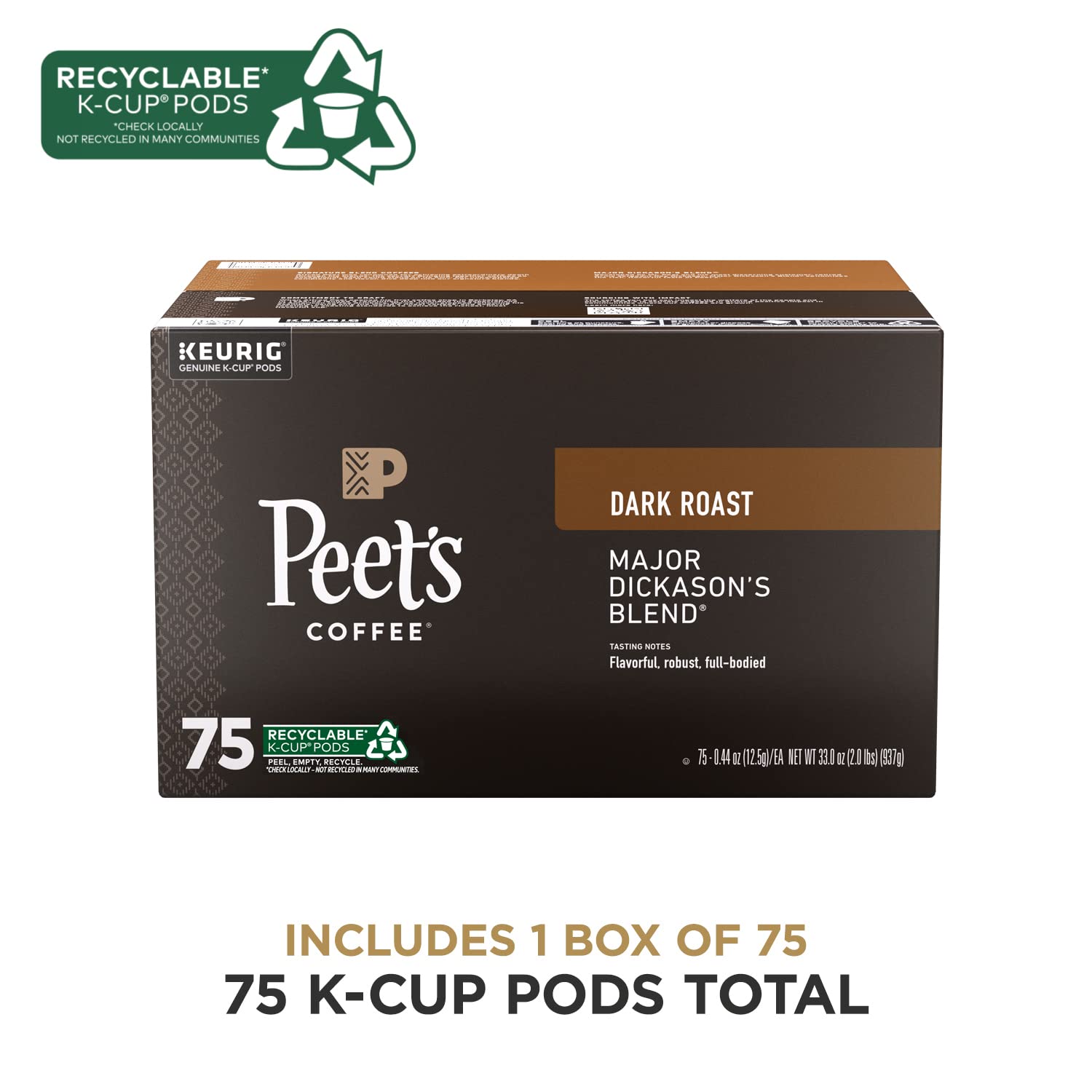 Peet's Coffee, Dark Roast K-Cup Pods for Keurig Brewers - Major Dickason's Blend 75 Count (1 Box of 75 K-Cup Pods)