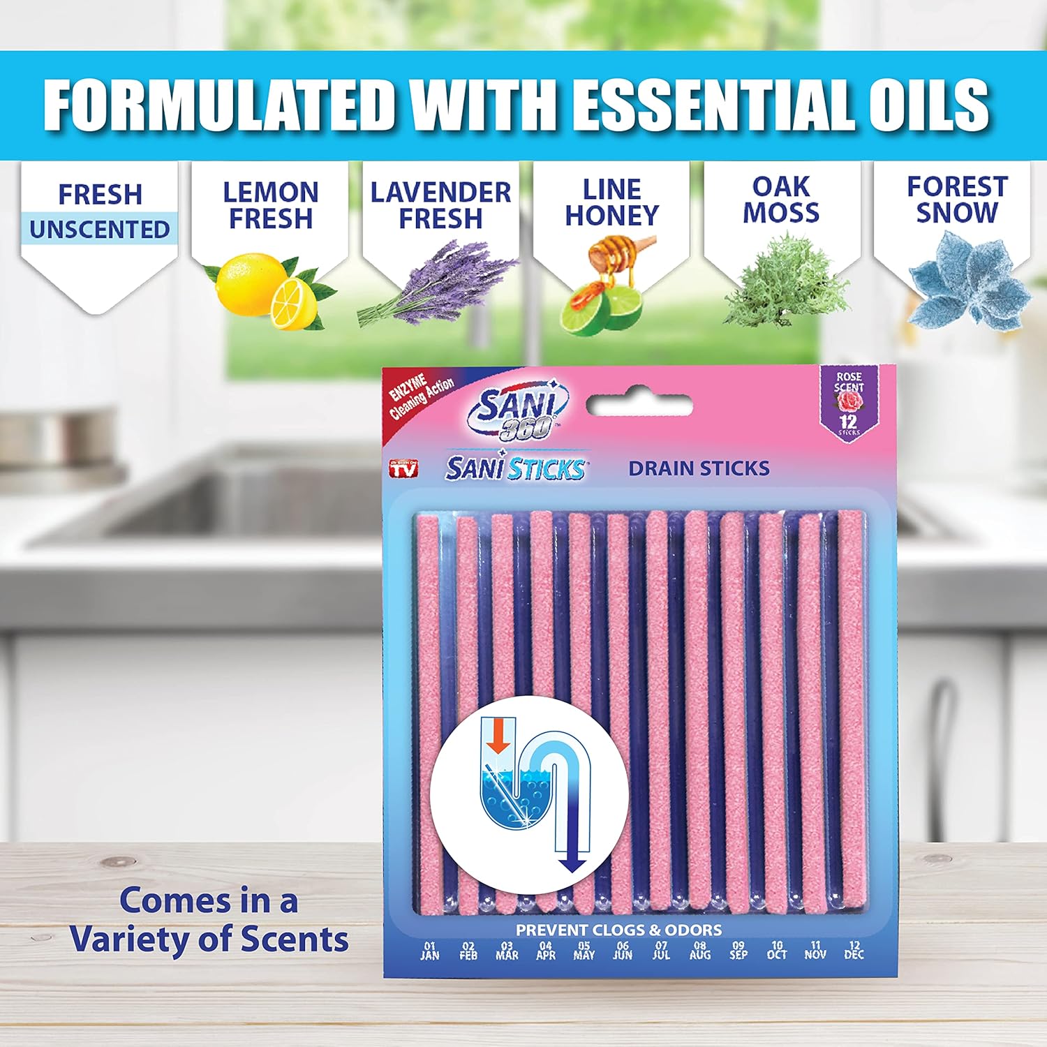 SANI 360° Sani Sticks Drain Cleaner and Deodorizer, Enzyme Pipe Cleaners, Eliminate Odors, Prevent Clogged Drains, Safe for Sinks, Bathtub Drains, Septic Tanks, 24 Count, Lemon Scent