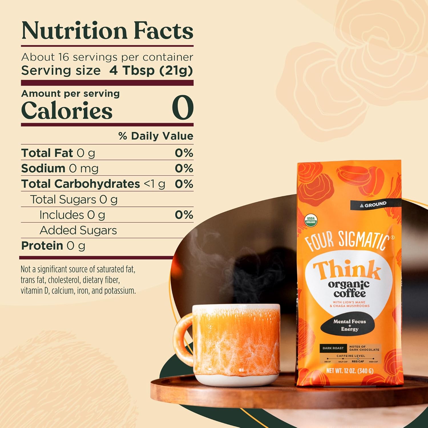 Four Sigmatic Think Mushroom Coffee | Organic Ground Coffee with Lion's Mane Mushroom and Chaga Mushroom | Nootropic Mushroom Coffee for Better Focus and Immune Support | 12oz Bag