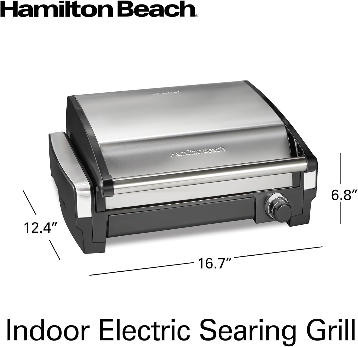 Hamilton Beach Electric Indoor Searing Grill with Viewing Window & Adjustable Temperature Control to 450F, 118 sq. in. Surface Serves 6, Removable Nonstick Grate, Stainless Steel
